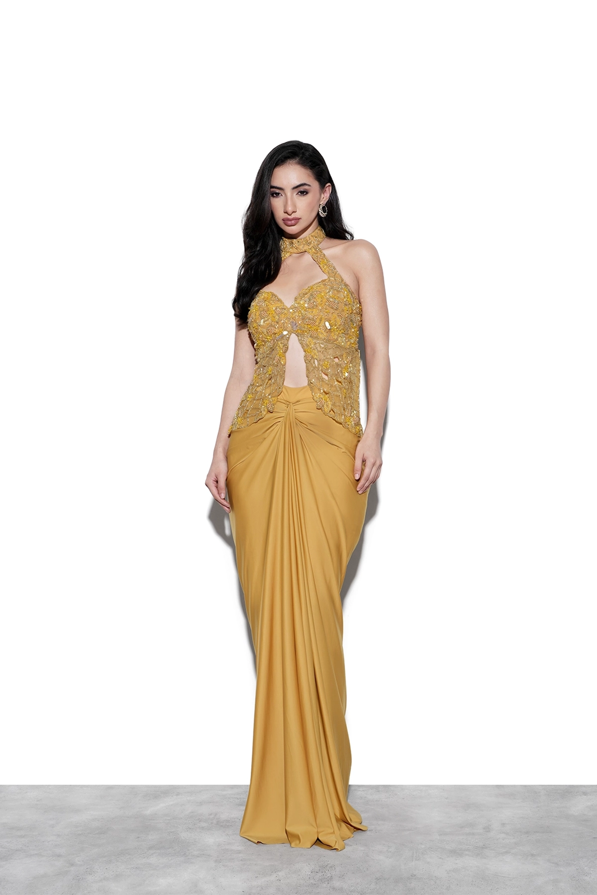 Chrome yellow halter neck cutwork top and draped skirt set
