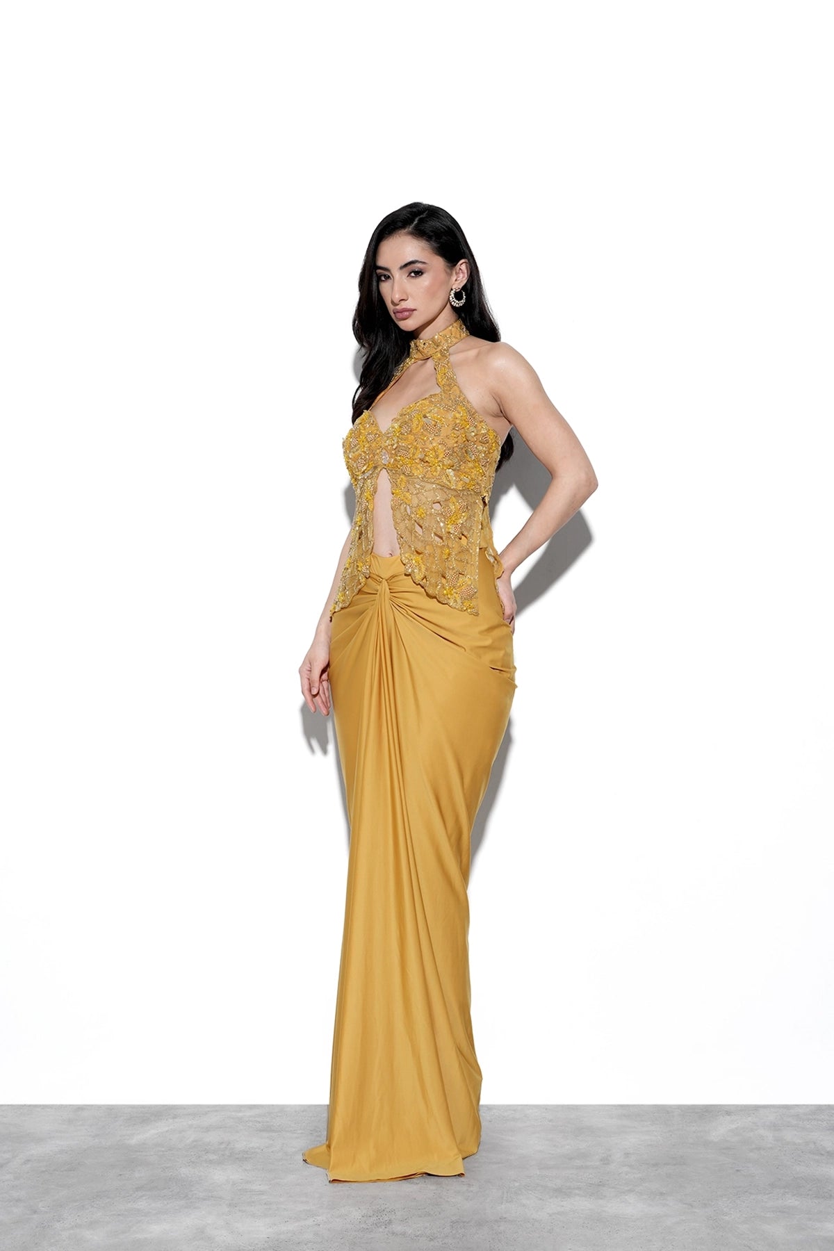 Chrome yellow halter neck cutwork top and draped skirt set
