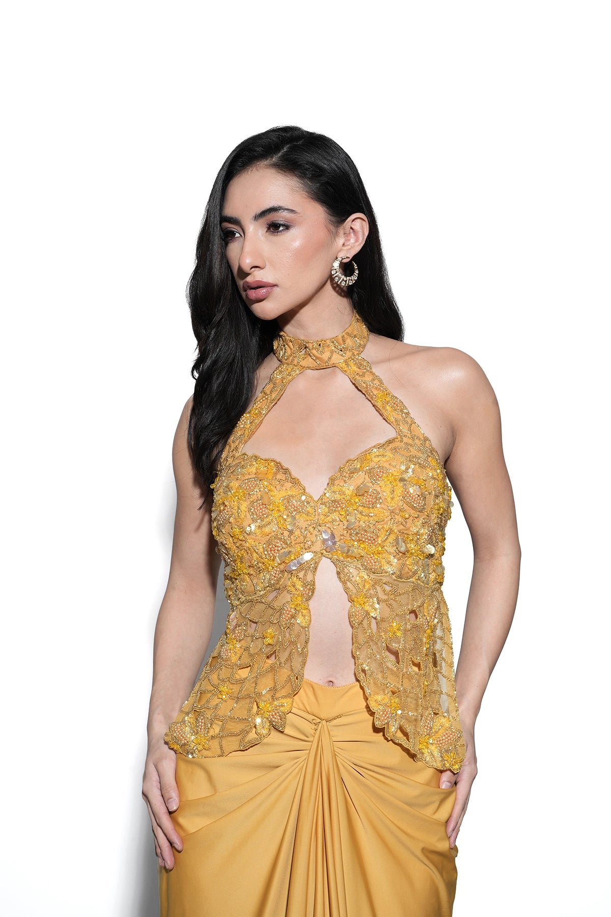 Chrome yellow halter neck cutwork top and draped skirt set