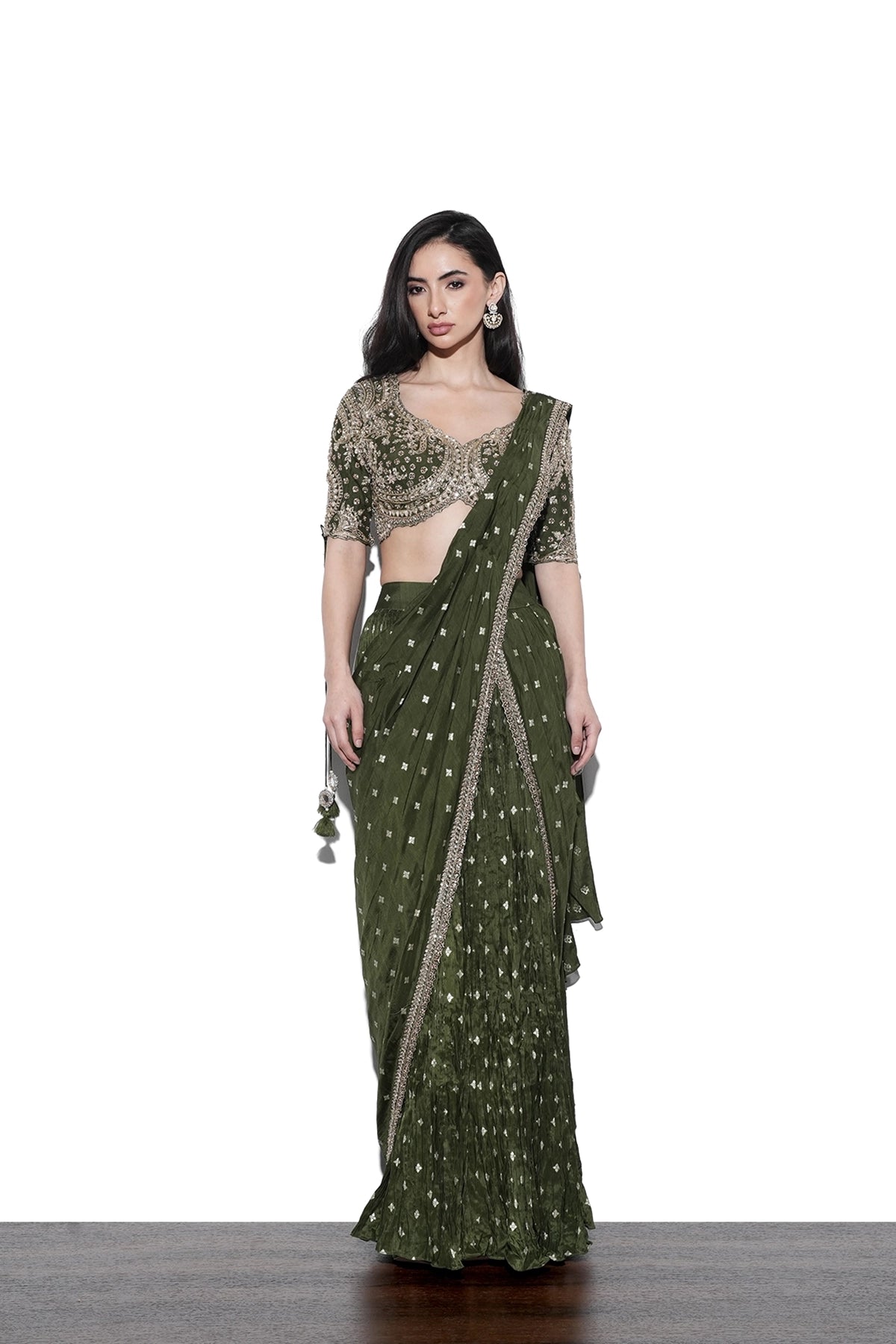 Mehendi green pre-draped saree in banarasi weave with blouse set