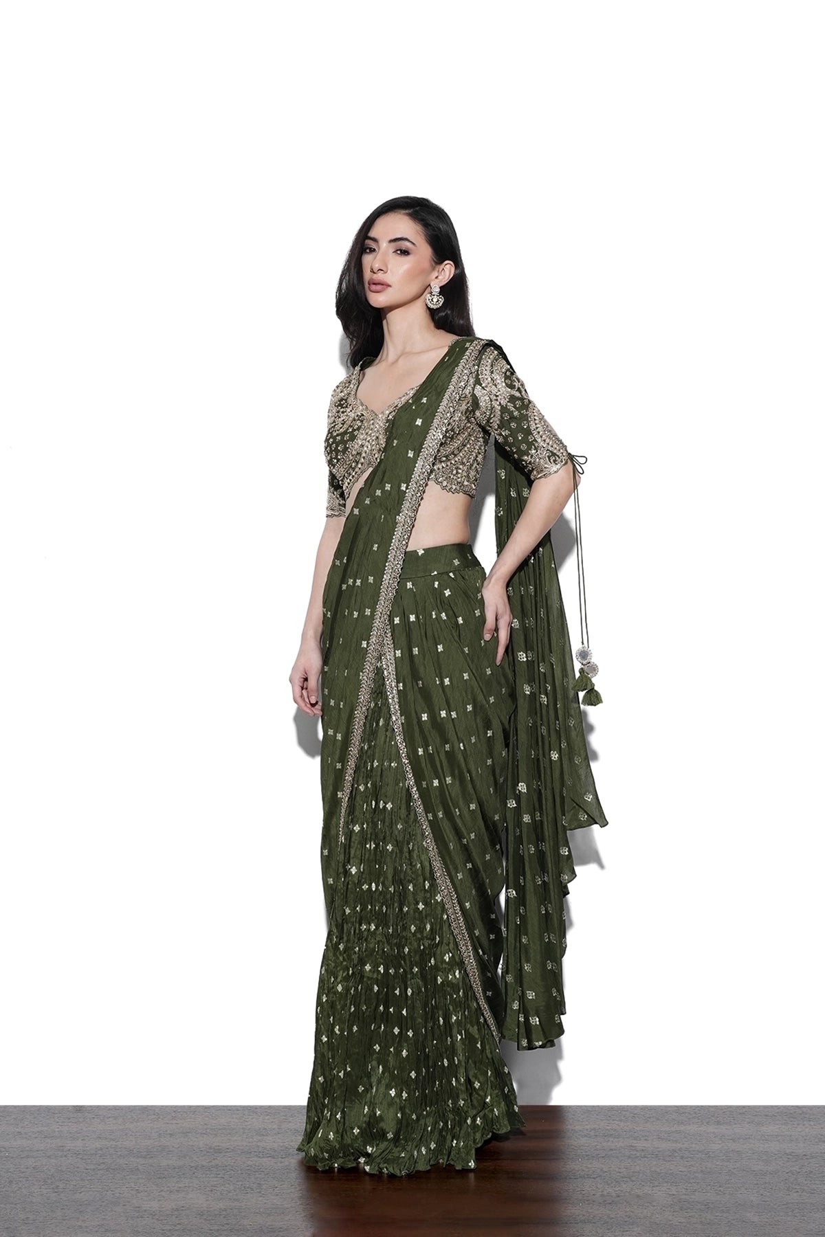Mehendi green pre-draped saree in banarasi weave with blouse set