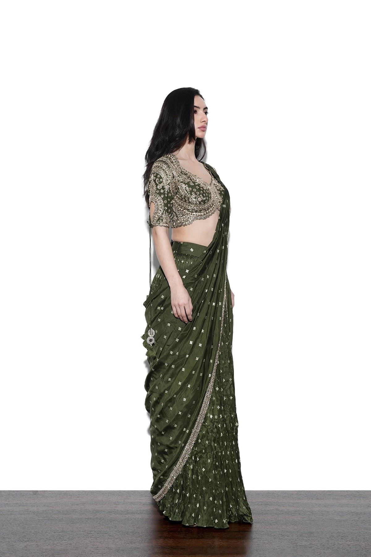 Mehendi green pre-draped saree in banarasi weave with blouse set
