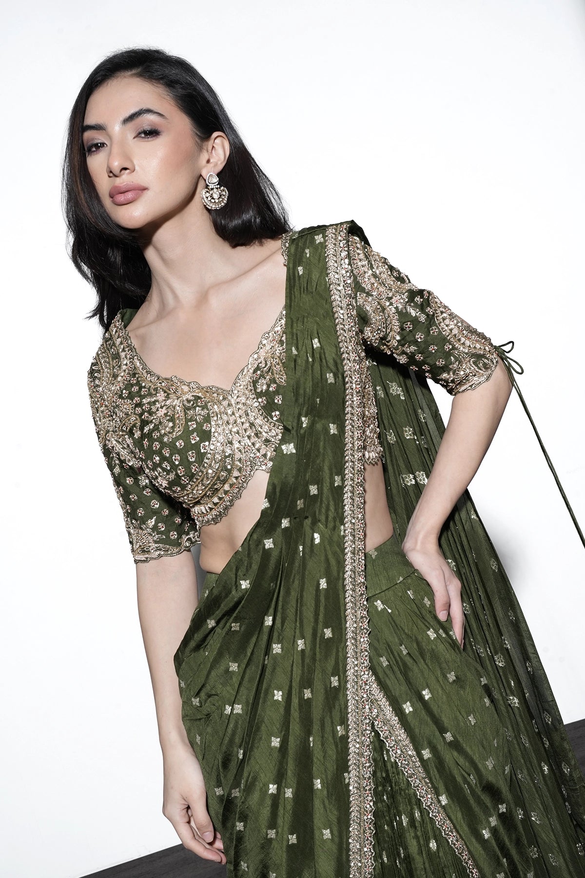 Mehendi green pre-draped saree in banarasi weave with blouse set