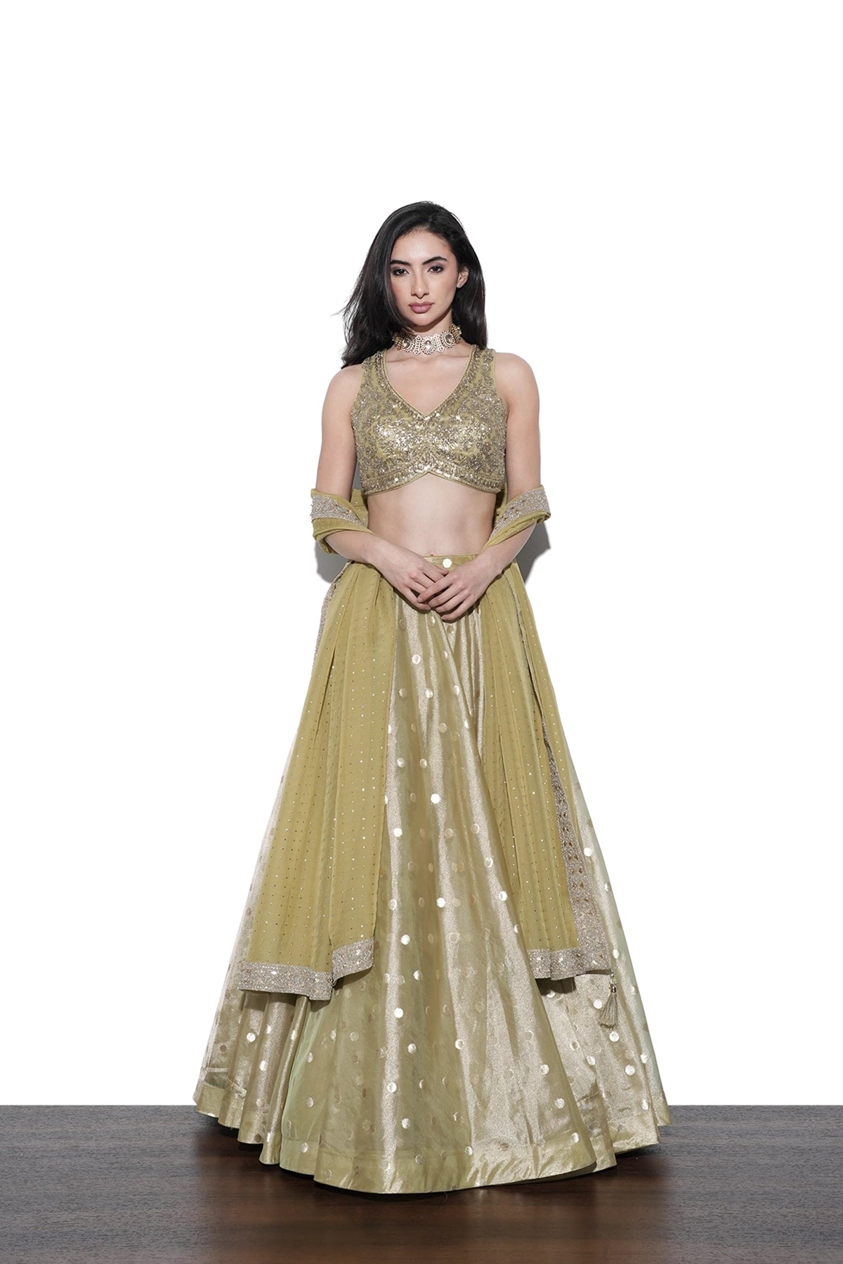 lime green banarasi tissue lehenga set