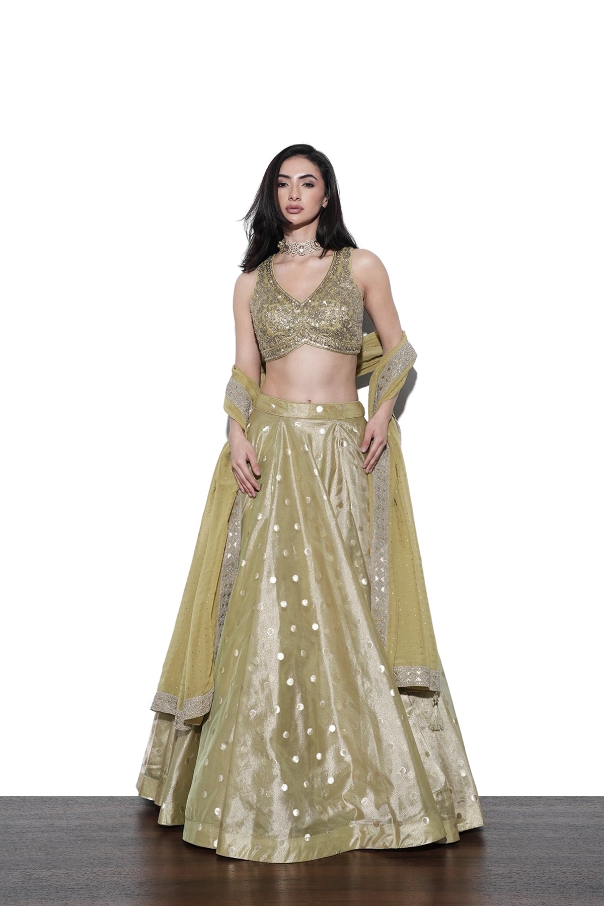 lime green banarasi tissue lehenga set