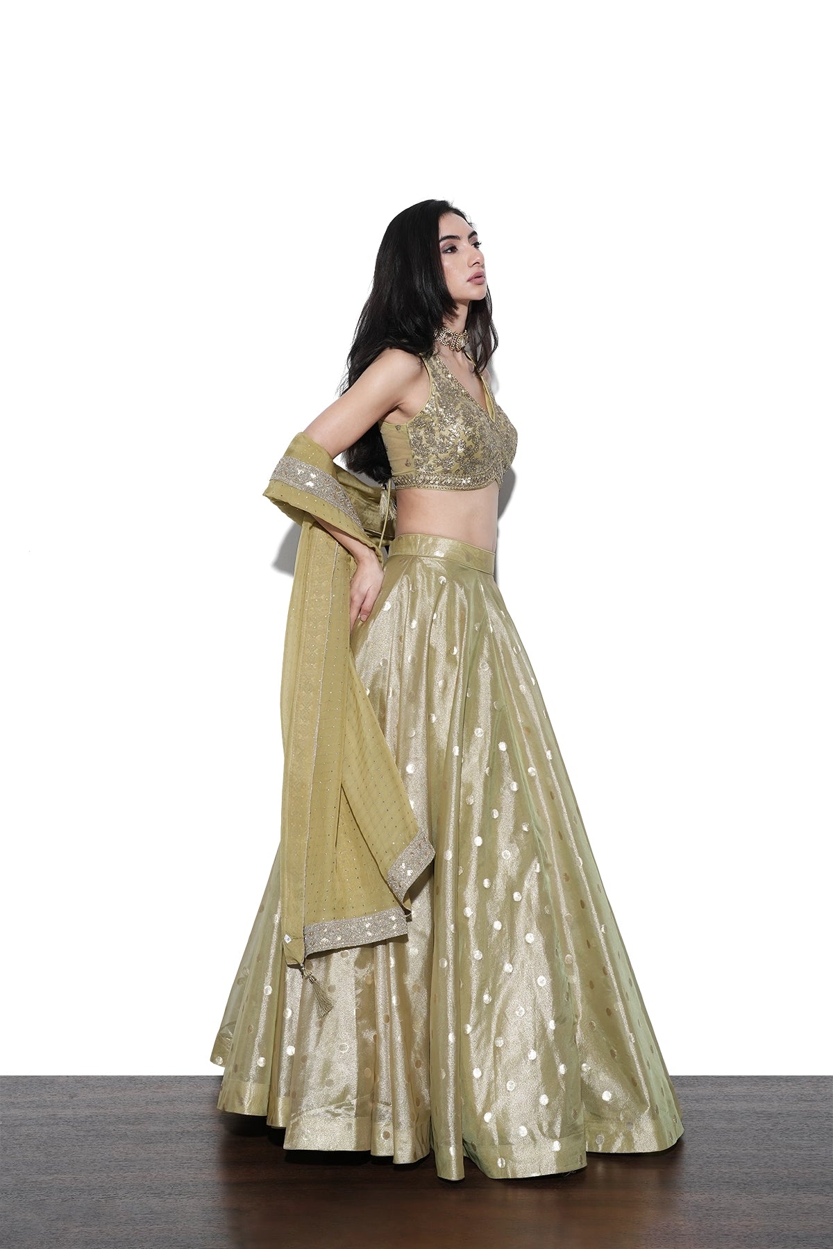 lime green banarasi tissue lehenga set