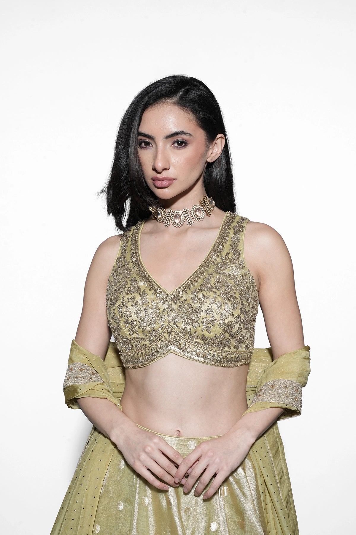 lime green banarasi tissue lehenga set