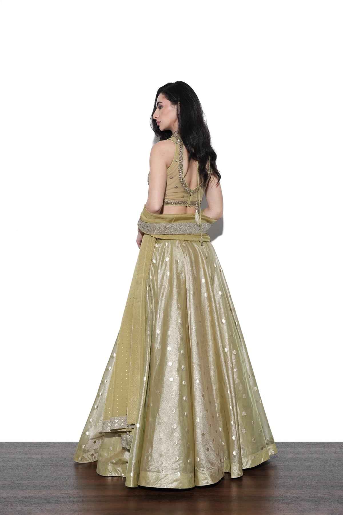 lime green banarasi tissue lehenga set