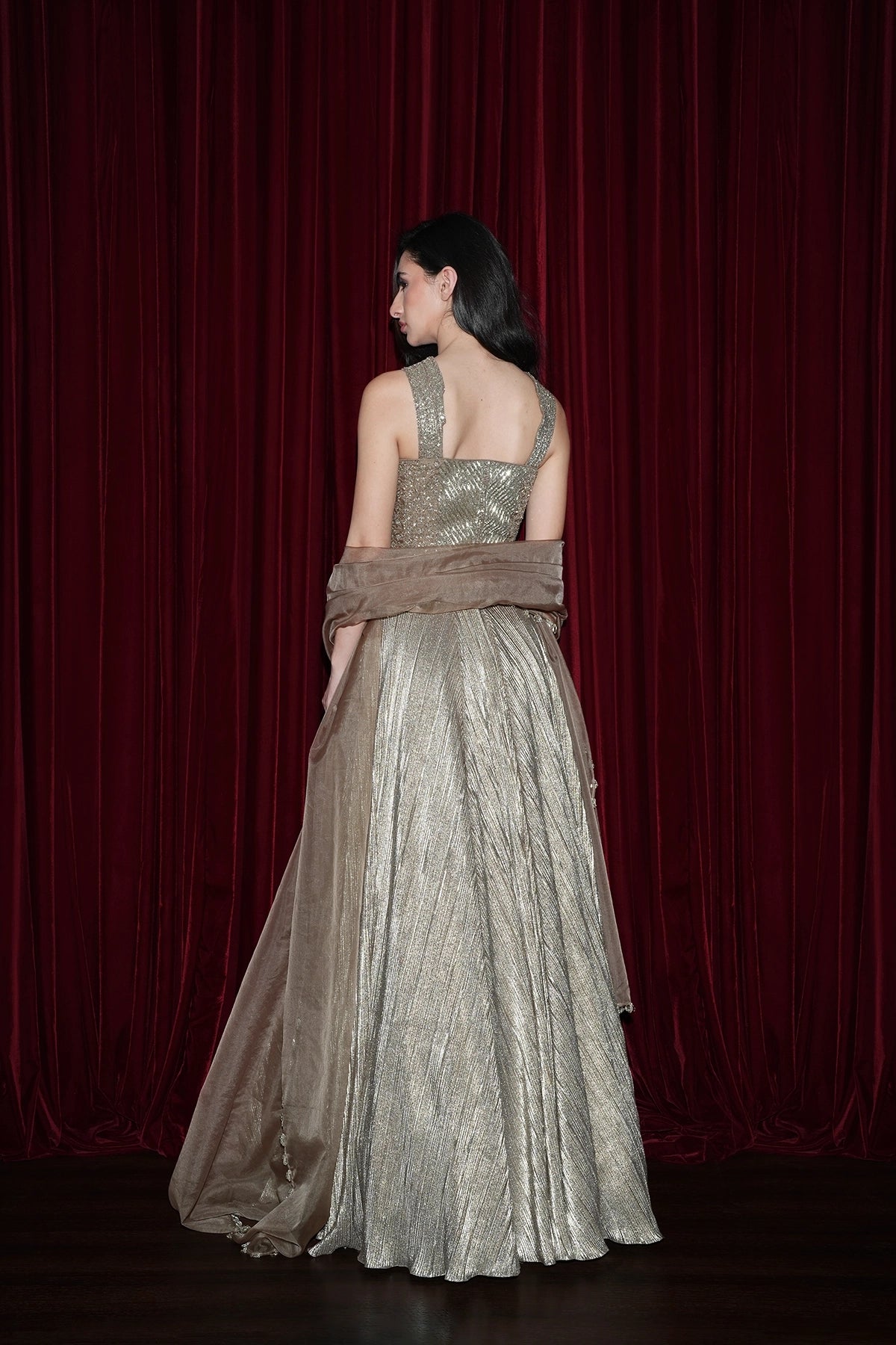 gold bustier blouse and pleated lycra metallic sheen skirt set