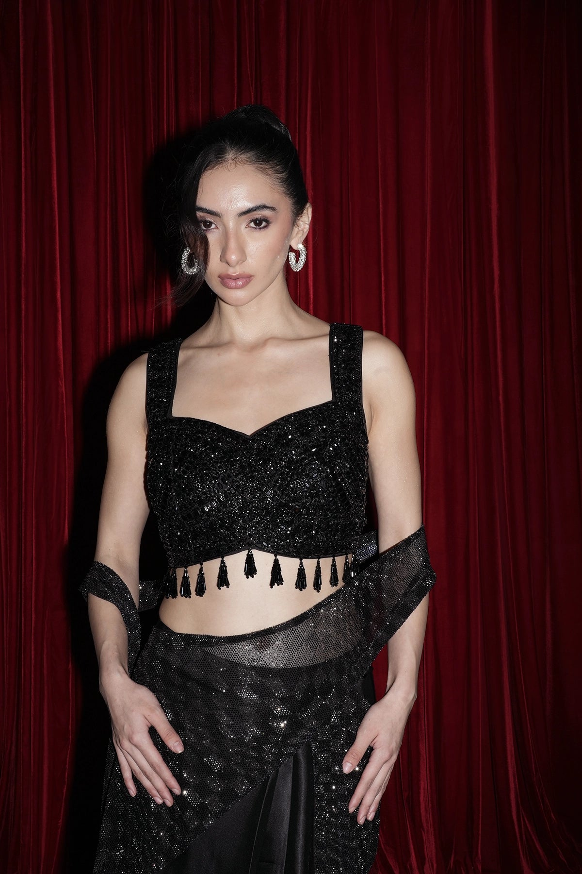 black pre-draped saree with silver and black swarovski lycra pallu and blouse set