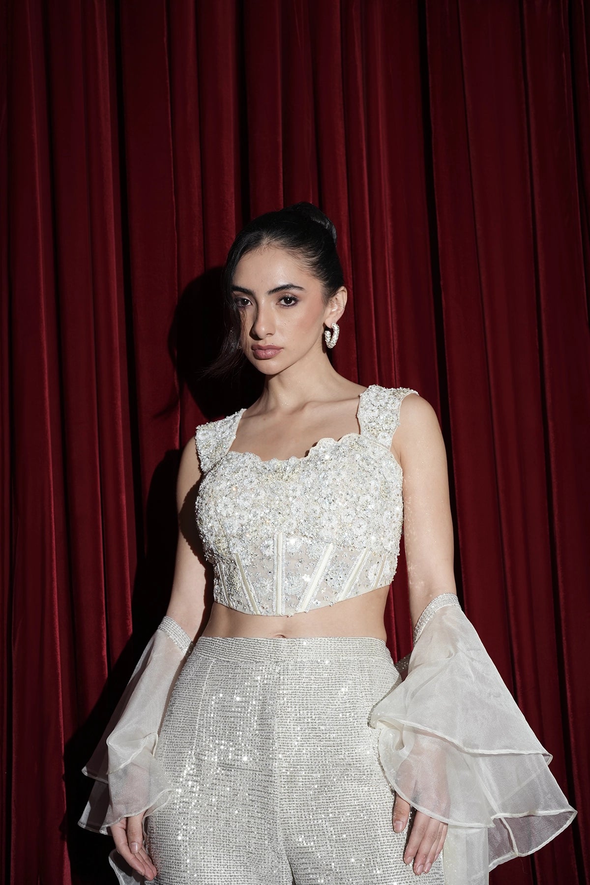 grey and white ombre sequin palazzo and bustier blouse with double ruffle dupatta set