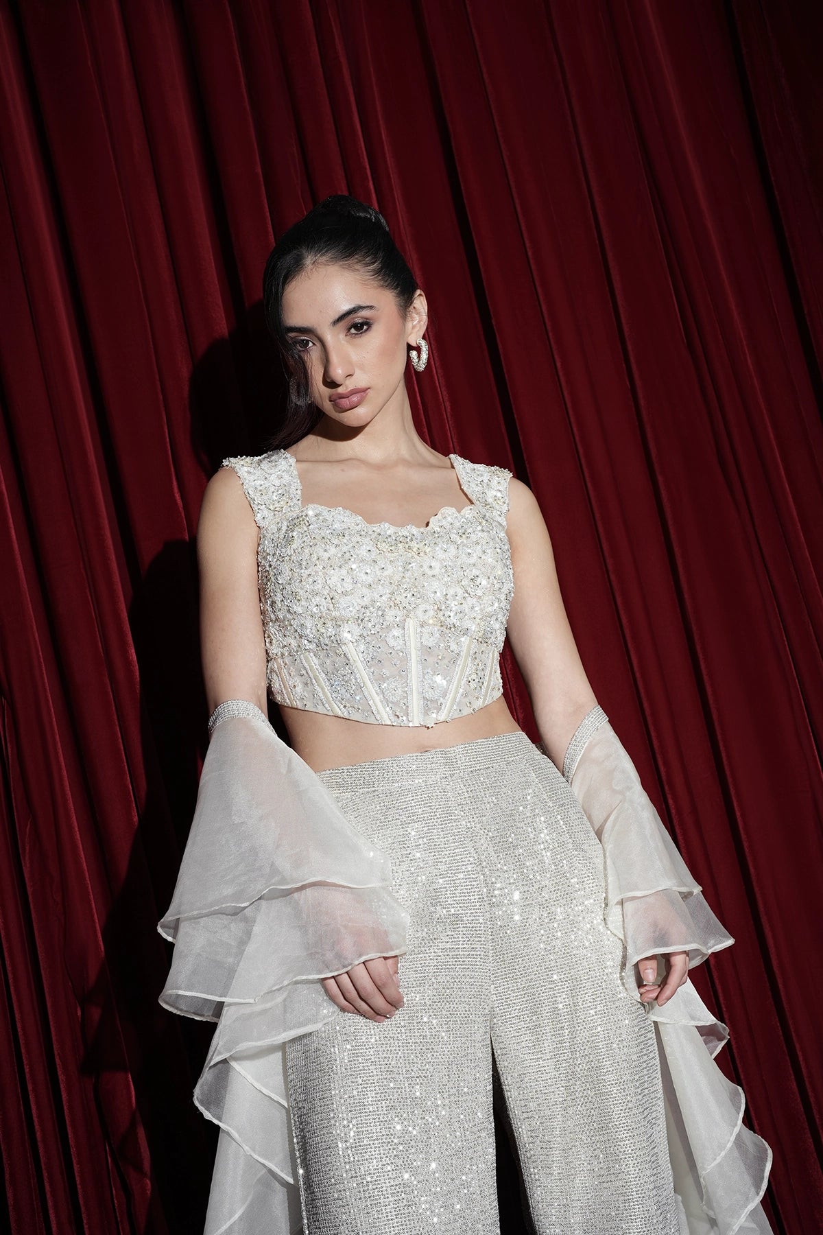 grey and white ombre sequin palazzo and bustier blouse with double ruffle dupatta set