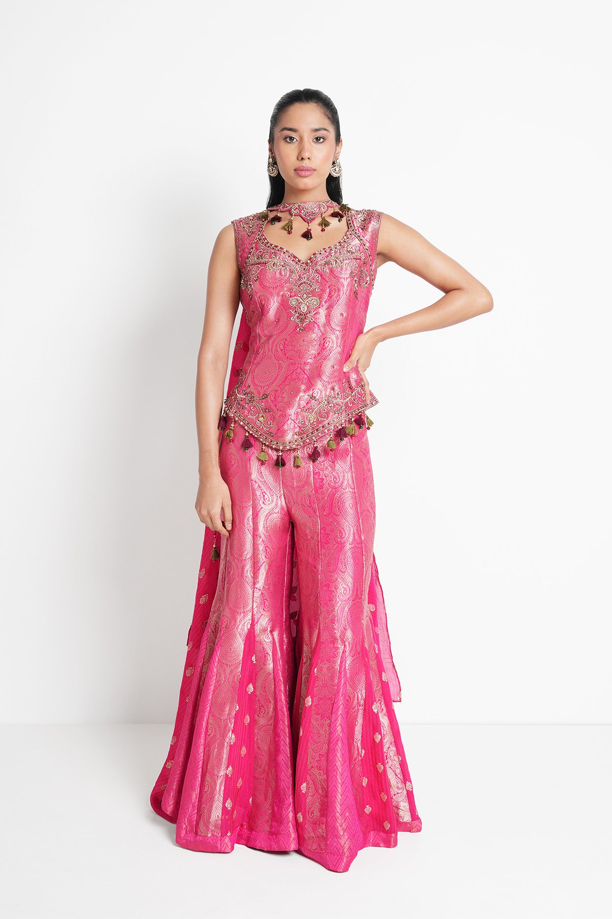 Rani Pink Suit Set in Banarasi Tissue
