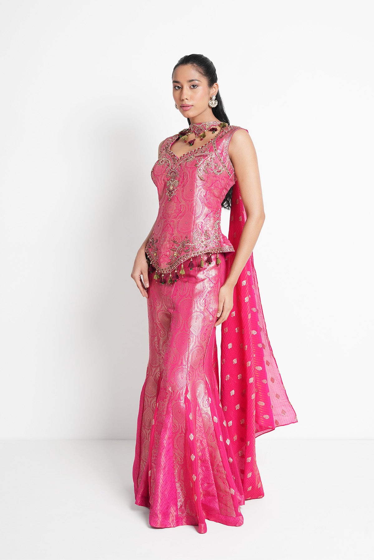 Rani Pink Suit Set in Banarasi Tissue