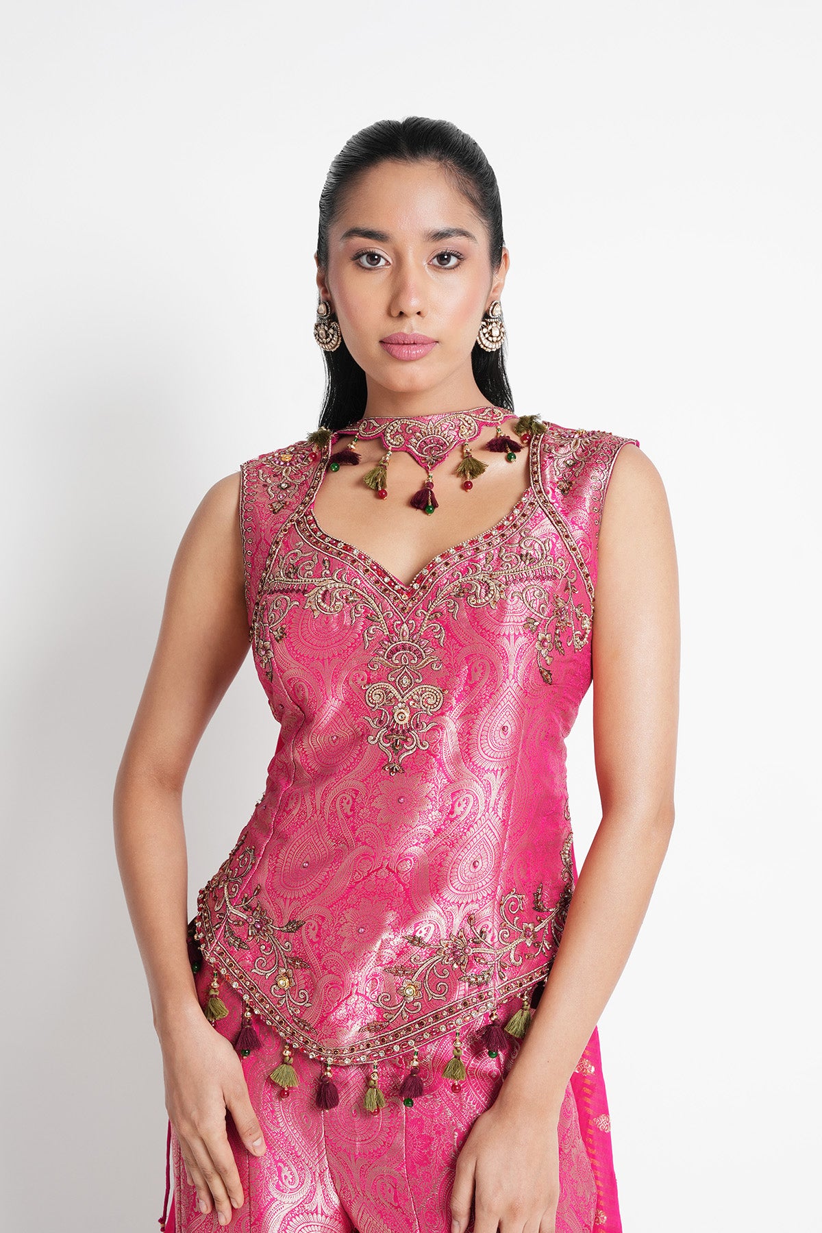 Rani Pink Suit Set in Banarasi Tissue