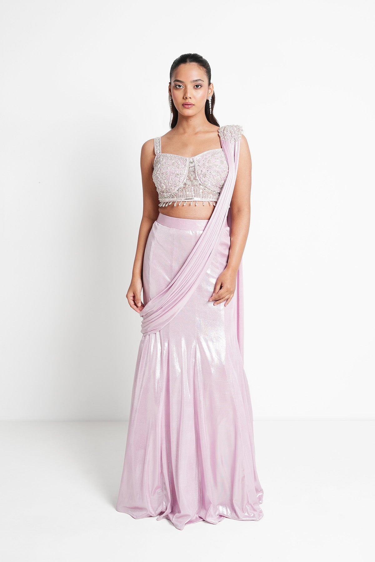 Icy Pink Fishcut Saree set in Shimmer Lycra