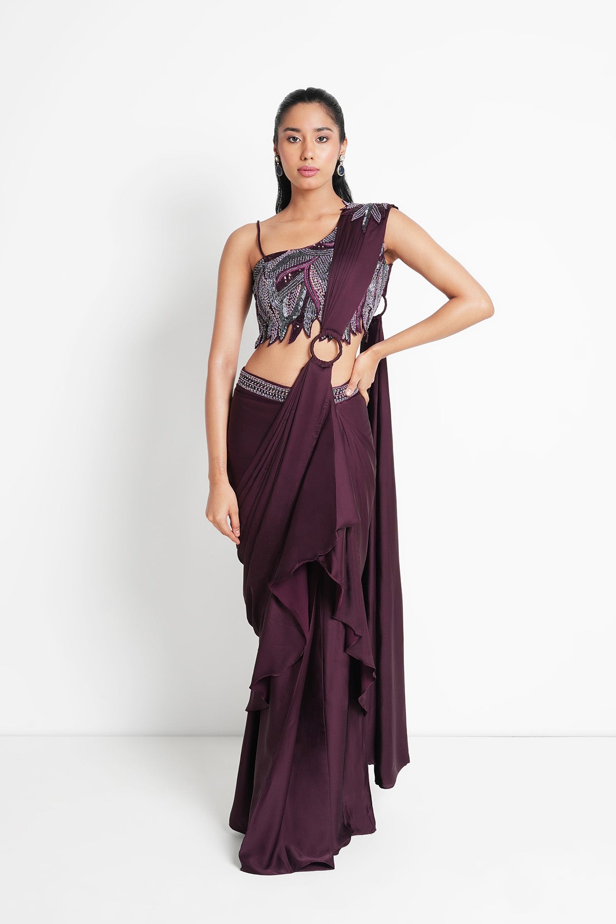 Plum Muse Pre-draped Saree in Satin with one-shoulder blouse