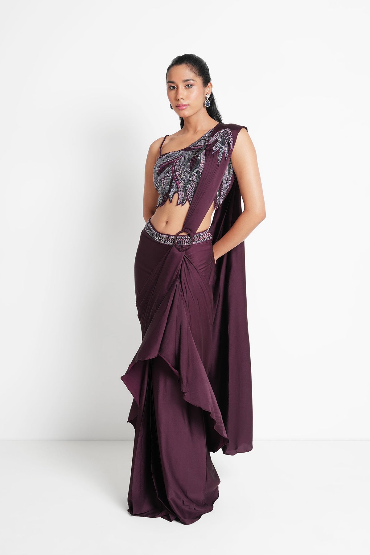 Plum Muse Pre-draped Saree in Satin with one-shoulder blouse