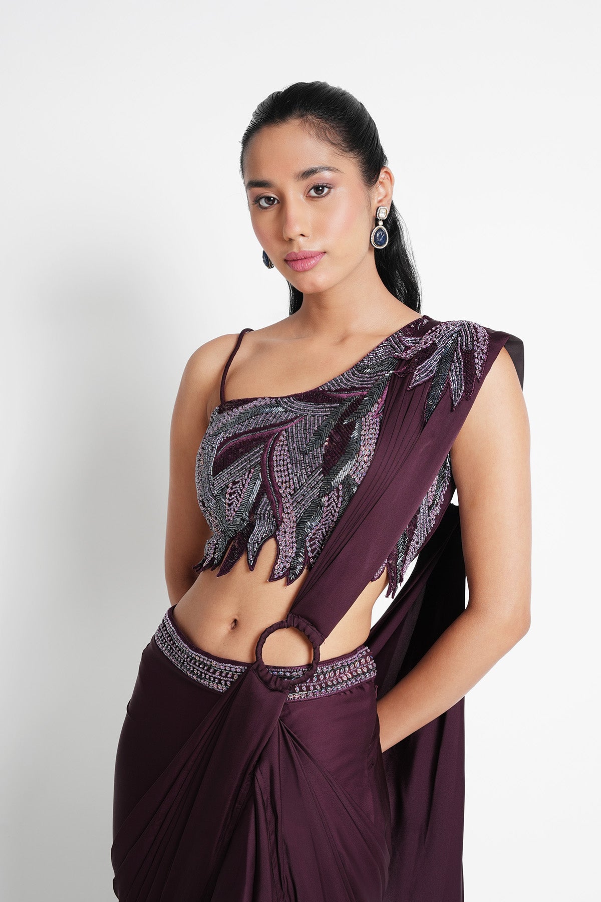 Plum Muse Pre-draped Saree in Satin with one-shoulder blouse
