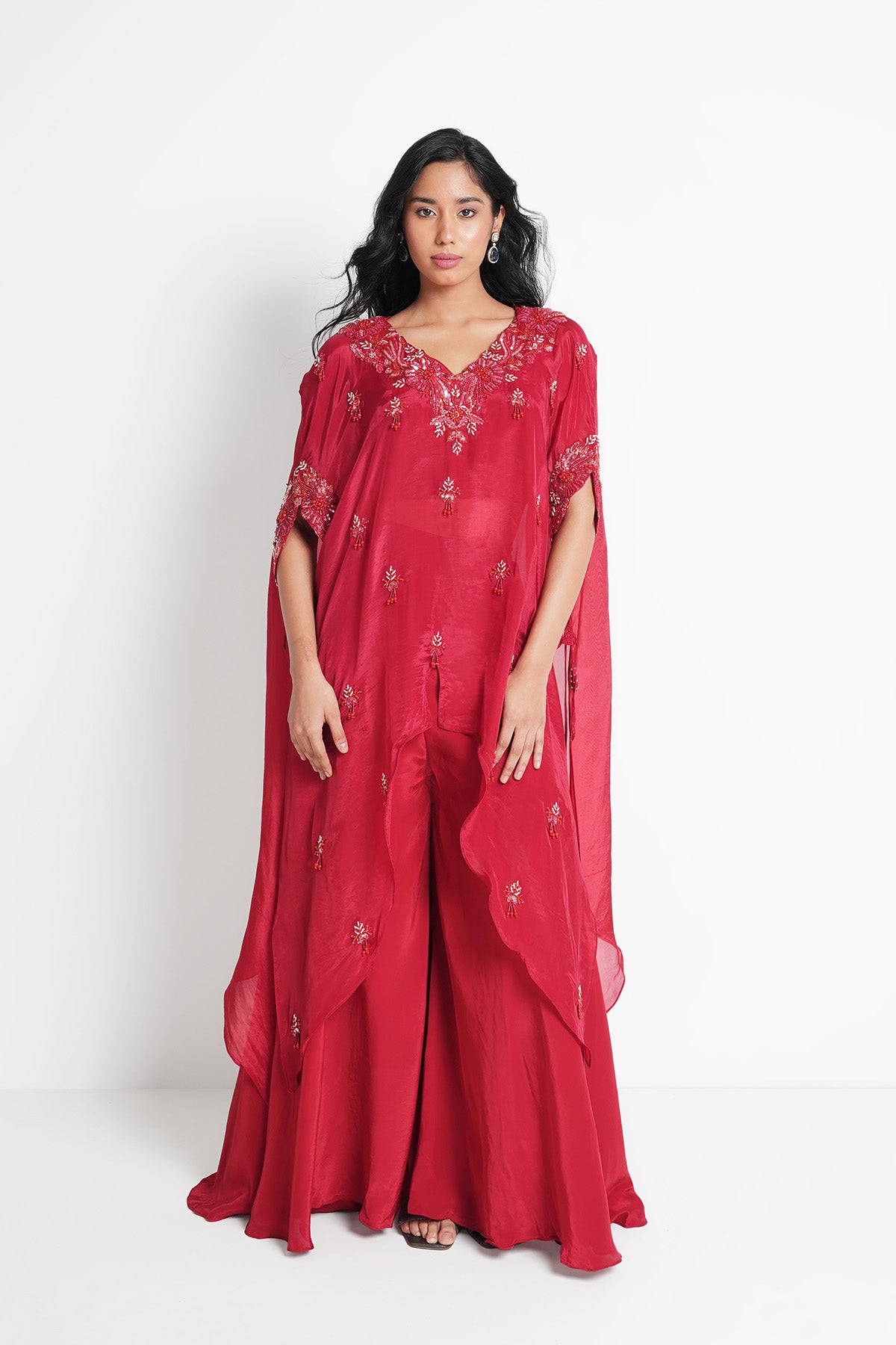Red Kaftan Set in Opada Silk and Crepe