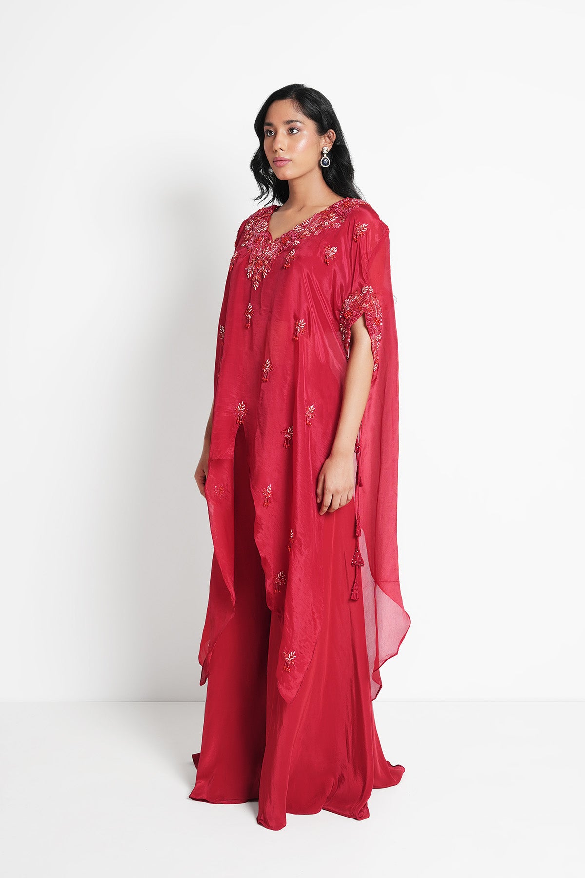 Red Kaftan Set in Opada Silk and Crepe