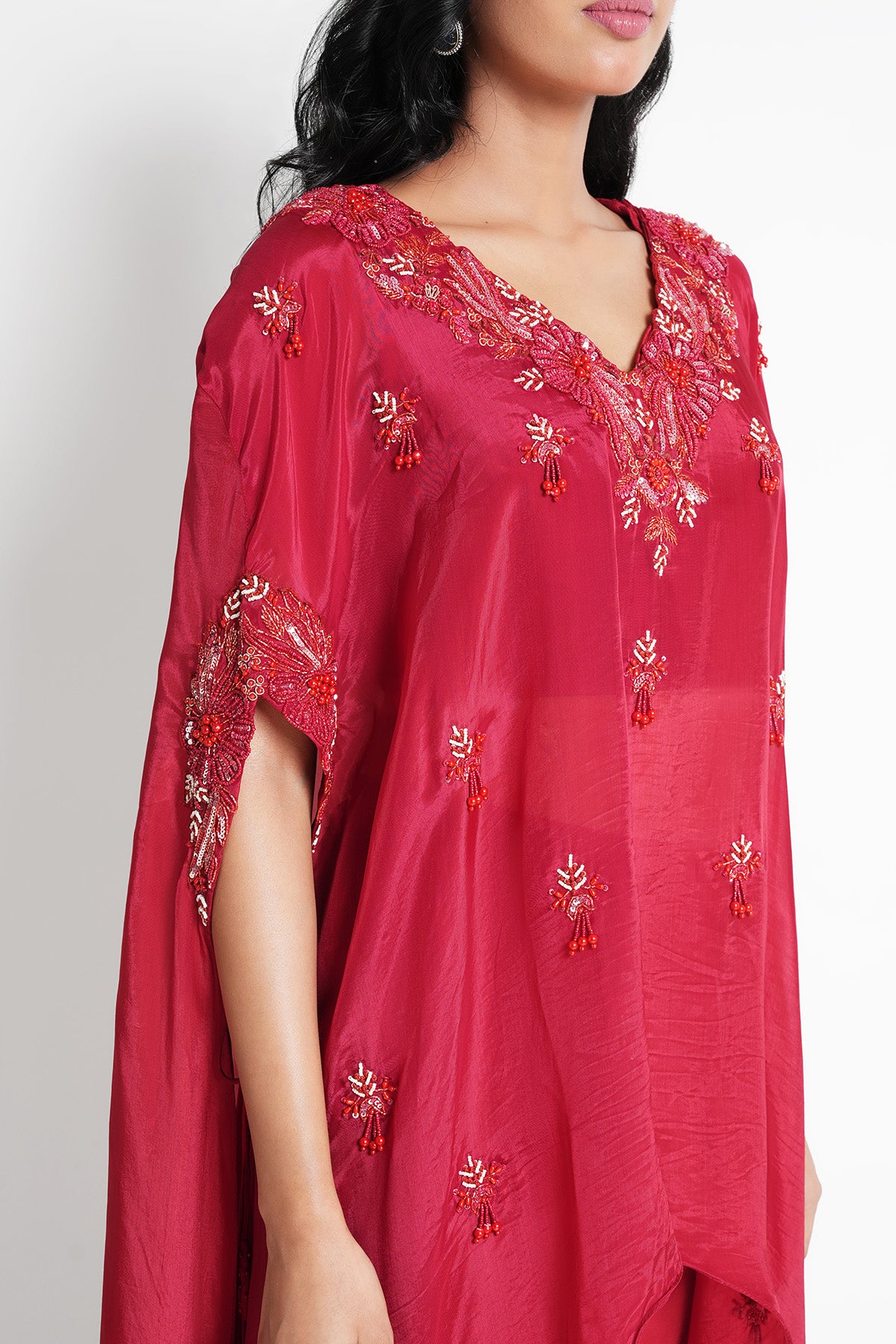 Red Kaftan Set in Opada Silk and Crepe