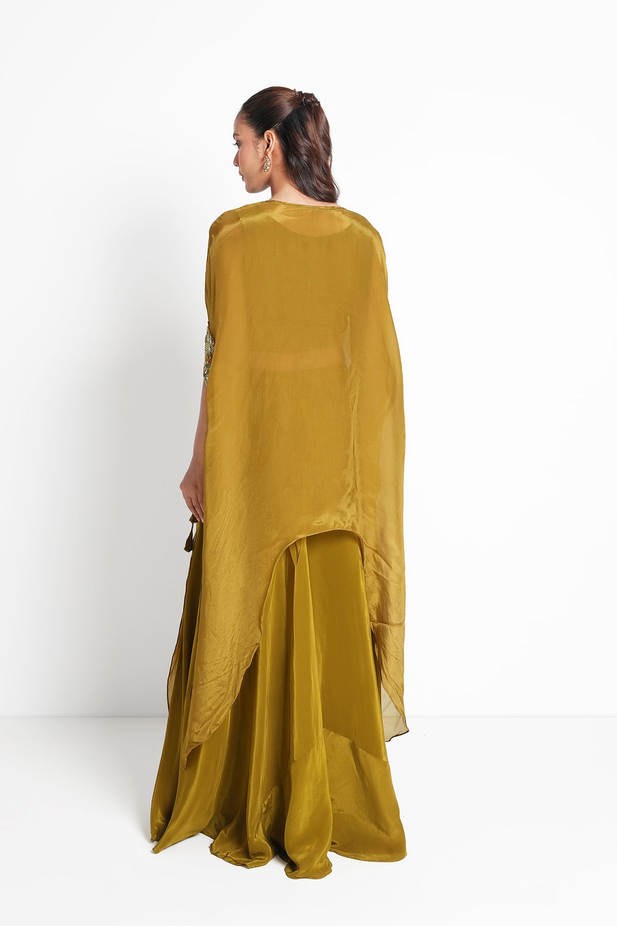 Antique Lime Green Kaftan Set in Opada Silk and Crepe