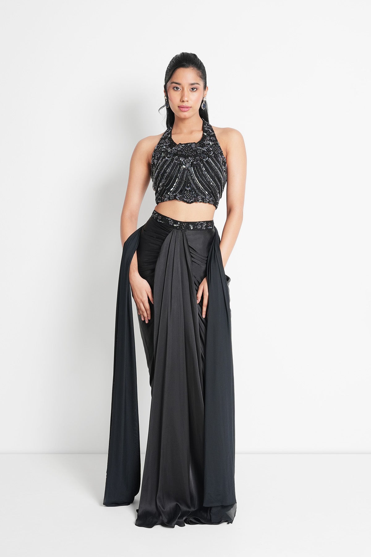Black Draped Skirt Set