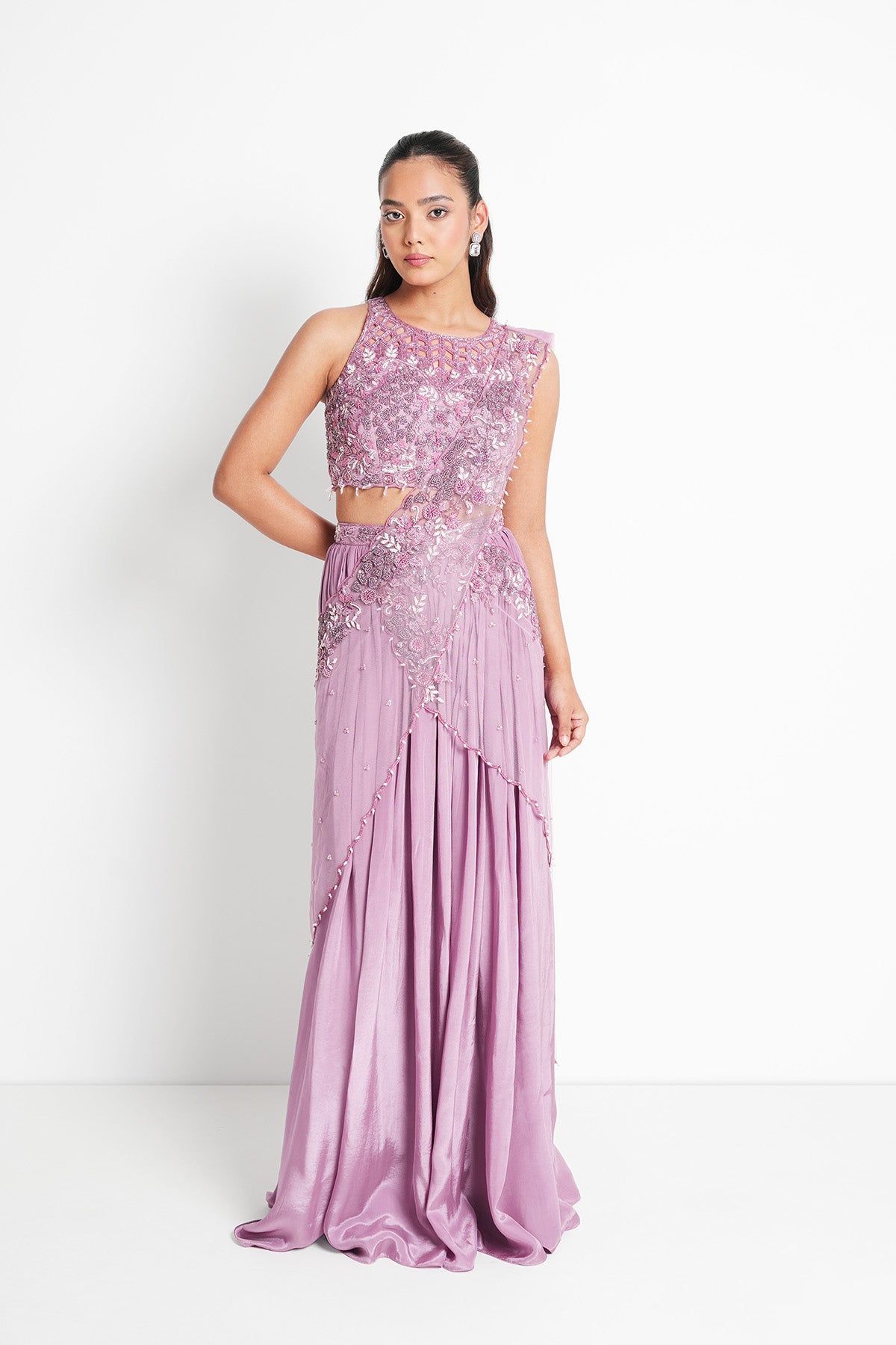 Blush Lilac Pre-draped Saree Set with Halter Neck Top