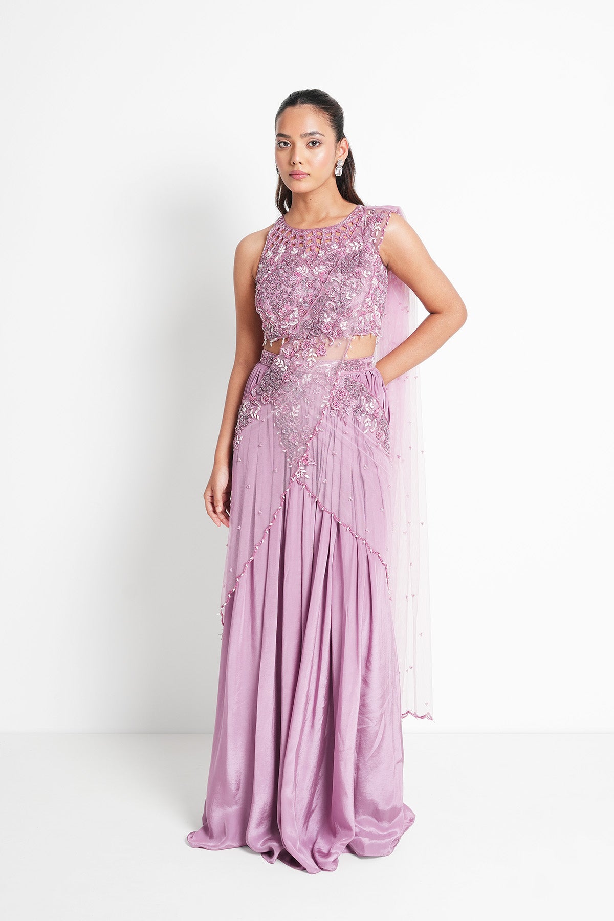 Blush Lilac Pre-draped Saree Set with Halter Neck Top