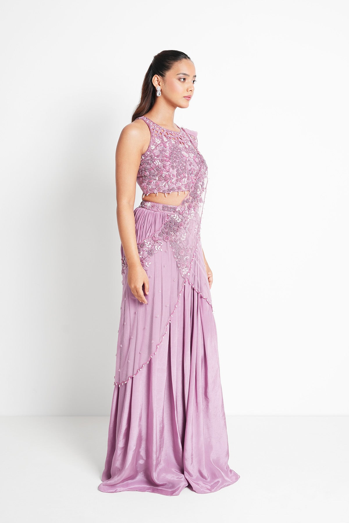 Blush Lilac Pre-draped Saree Set with Halter Neck Top