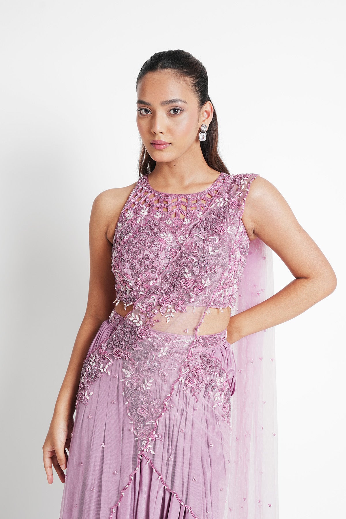 Blush Lilac Pre-draped Saree Set with Halter Neck Top