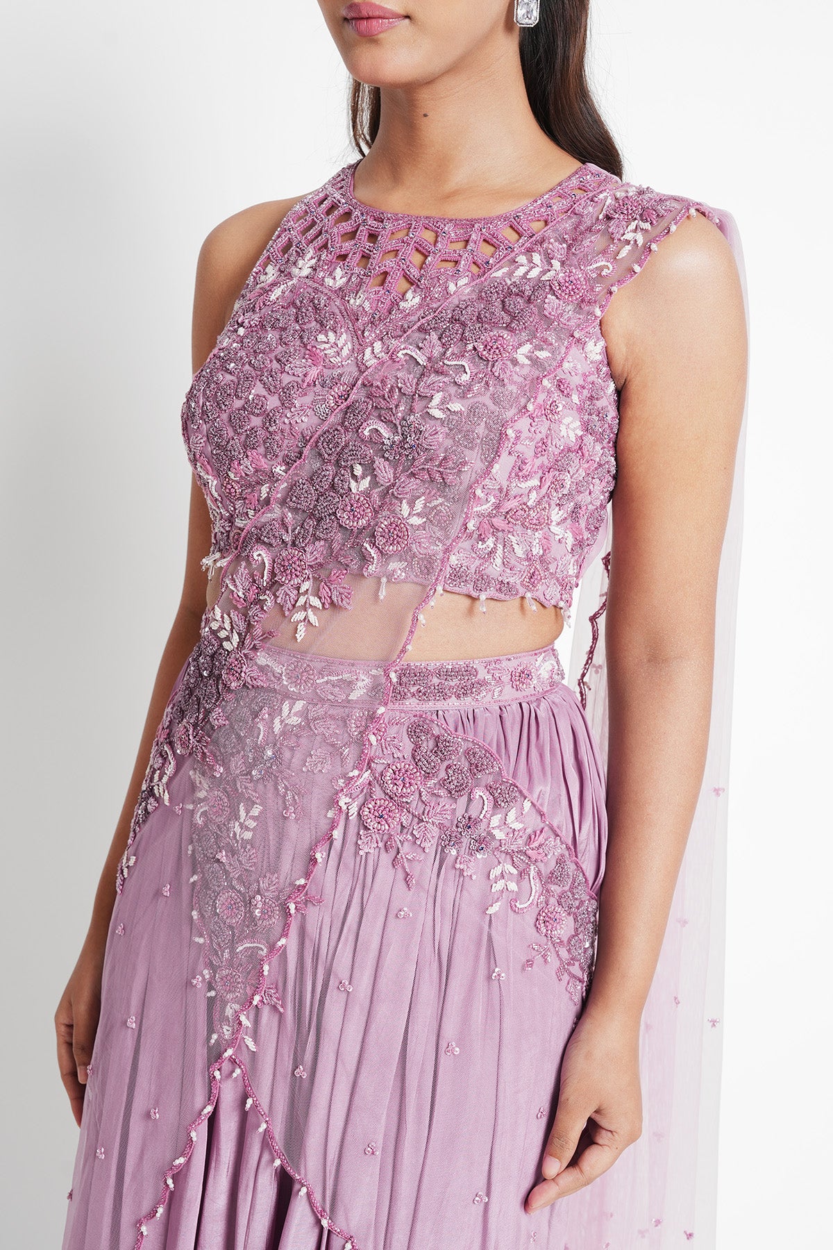 Blush Lilac Pre-draped Saree Set with Halter Neck Top