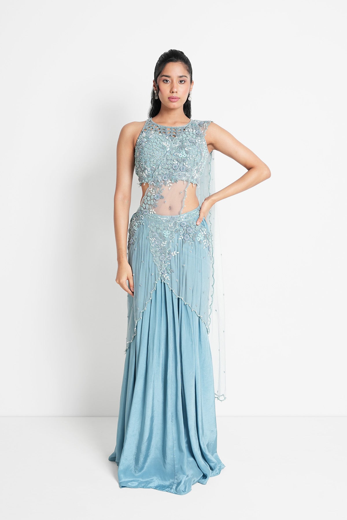 Light Blue Pre-draped Saree Set with Halter Neck Top