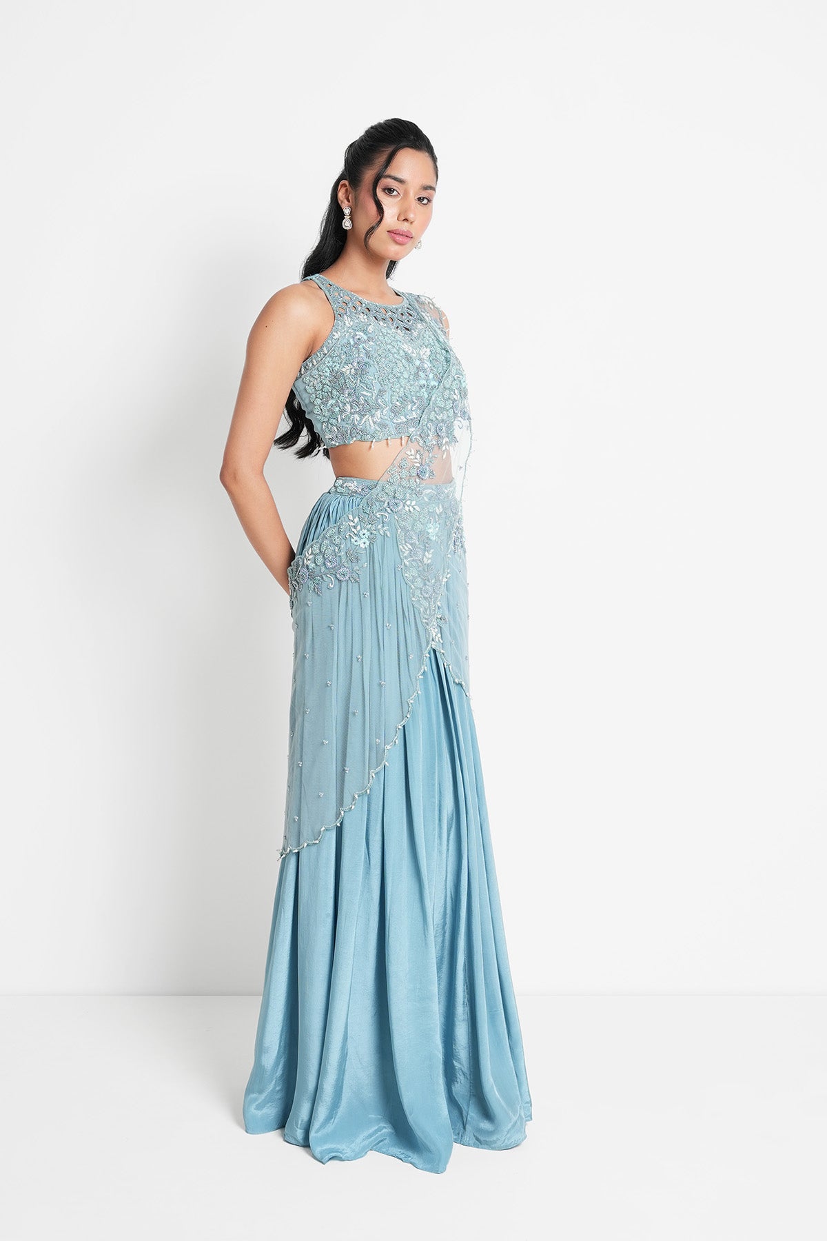 Light Blue Pre-draped Saree Set with Halter Neck Top