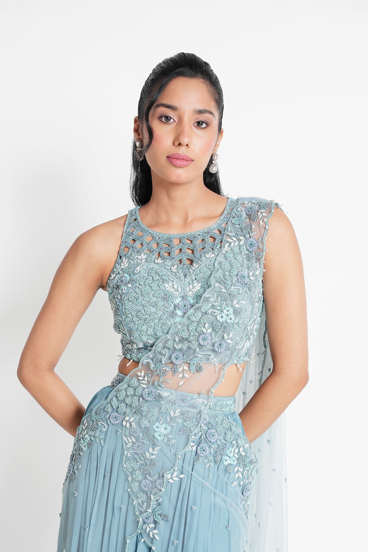 Light Blue Pre-draped Saree Set with Halter Neck Top
