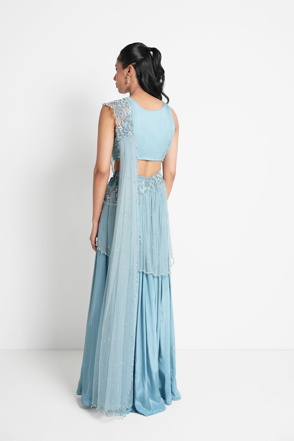 Light Blue Pre-draped Saree Set with Halter Neck Top
