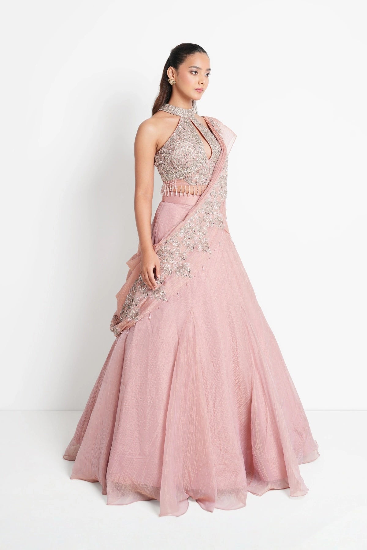 Antique Blush Pink Lehenga saree crafted in Tissue with halter neck blouse
