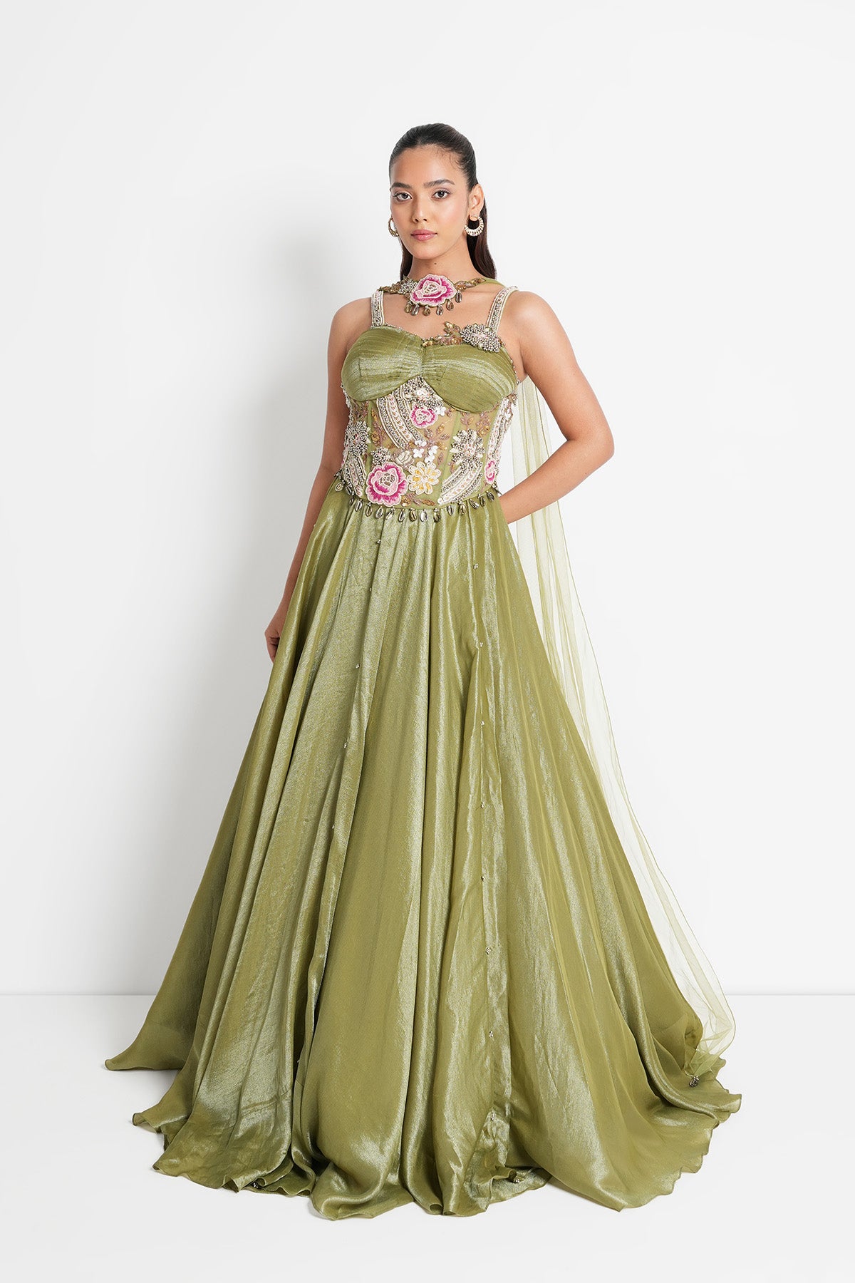 Olive Champagne Green Corset Lehenga set in Tissue