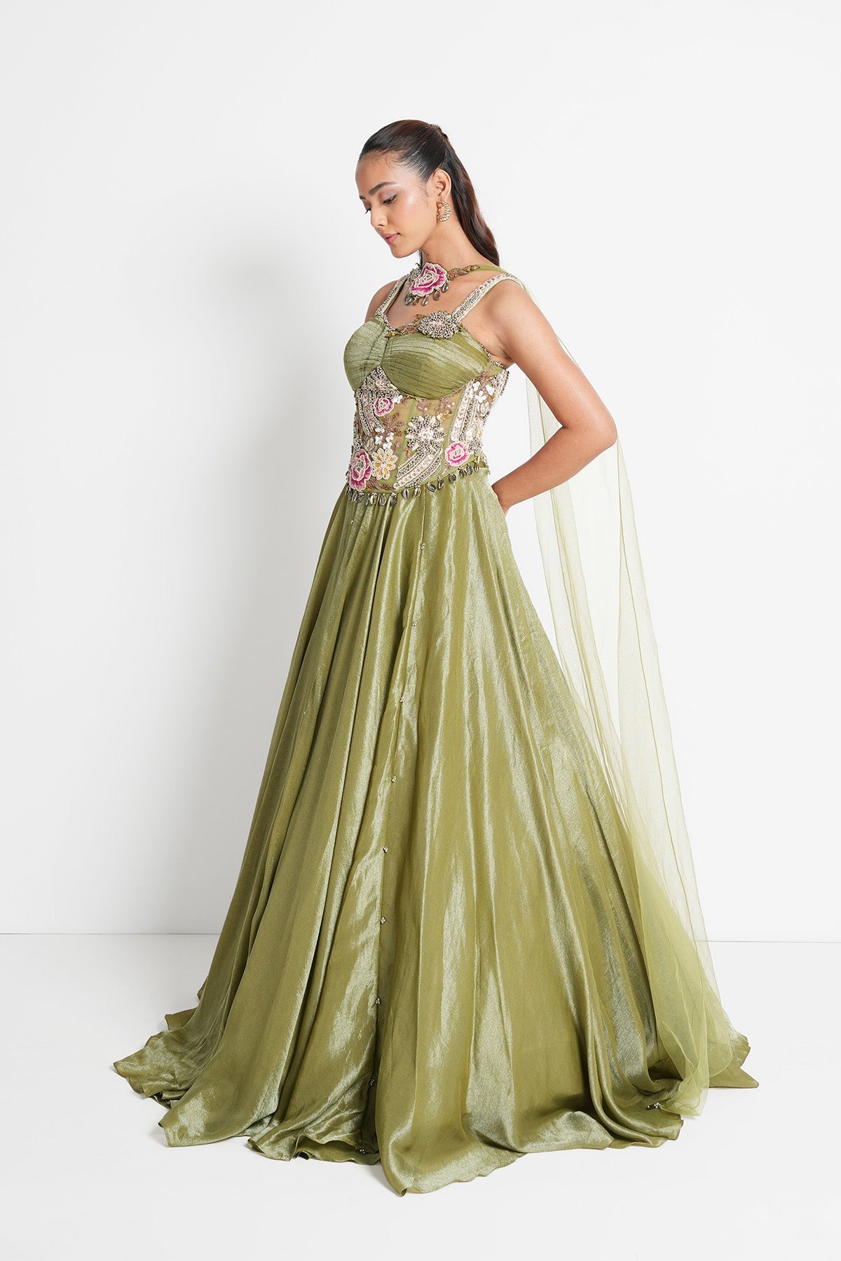 Olive Champagne Green Corset Lehenga set in Tissue