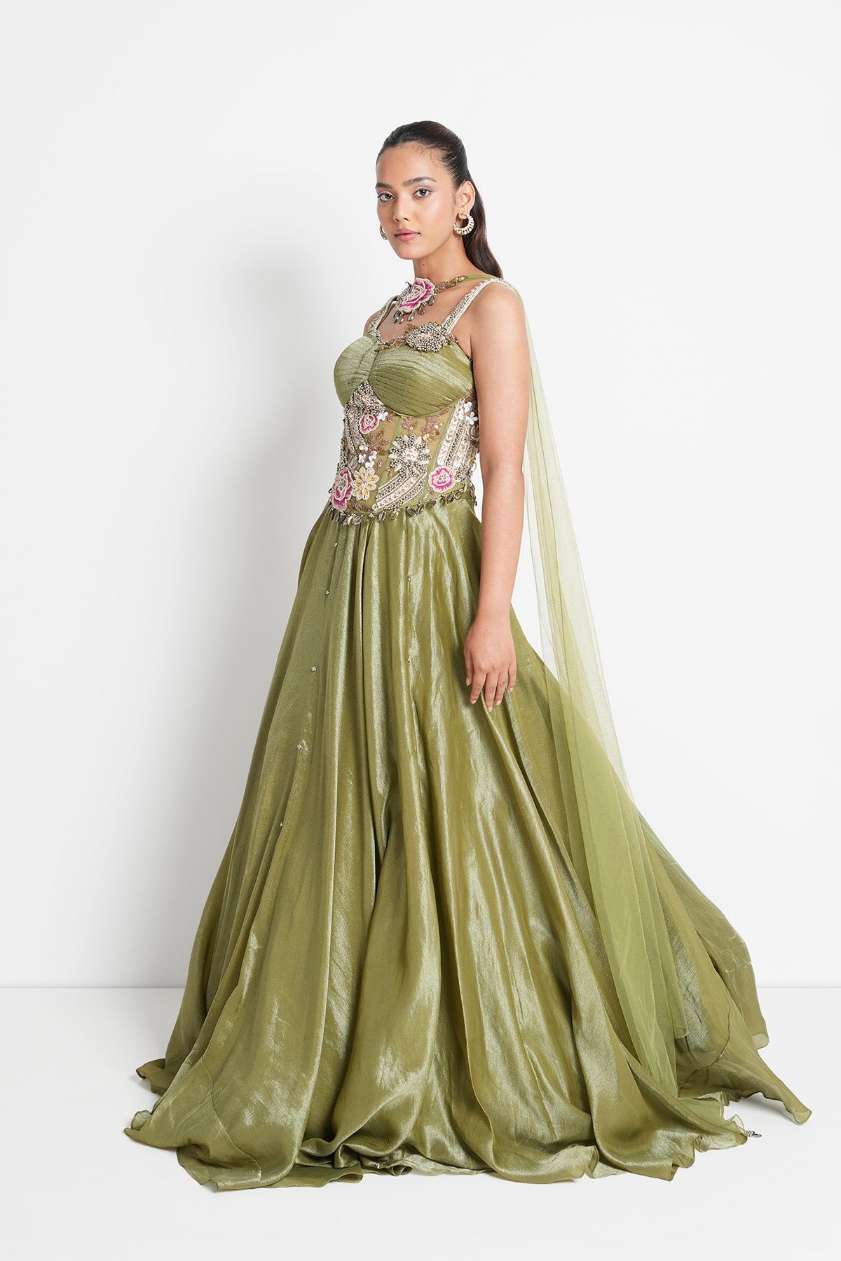 Olive Champagne Green Corset Lehenga set in Tissue
