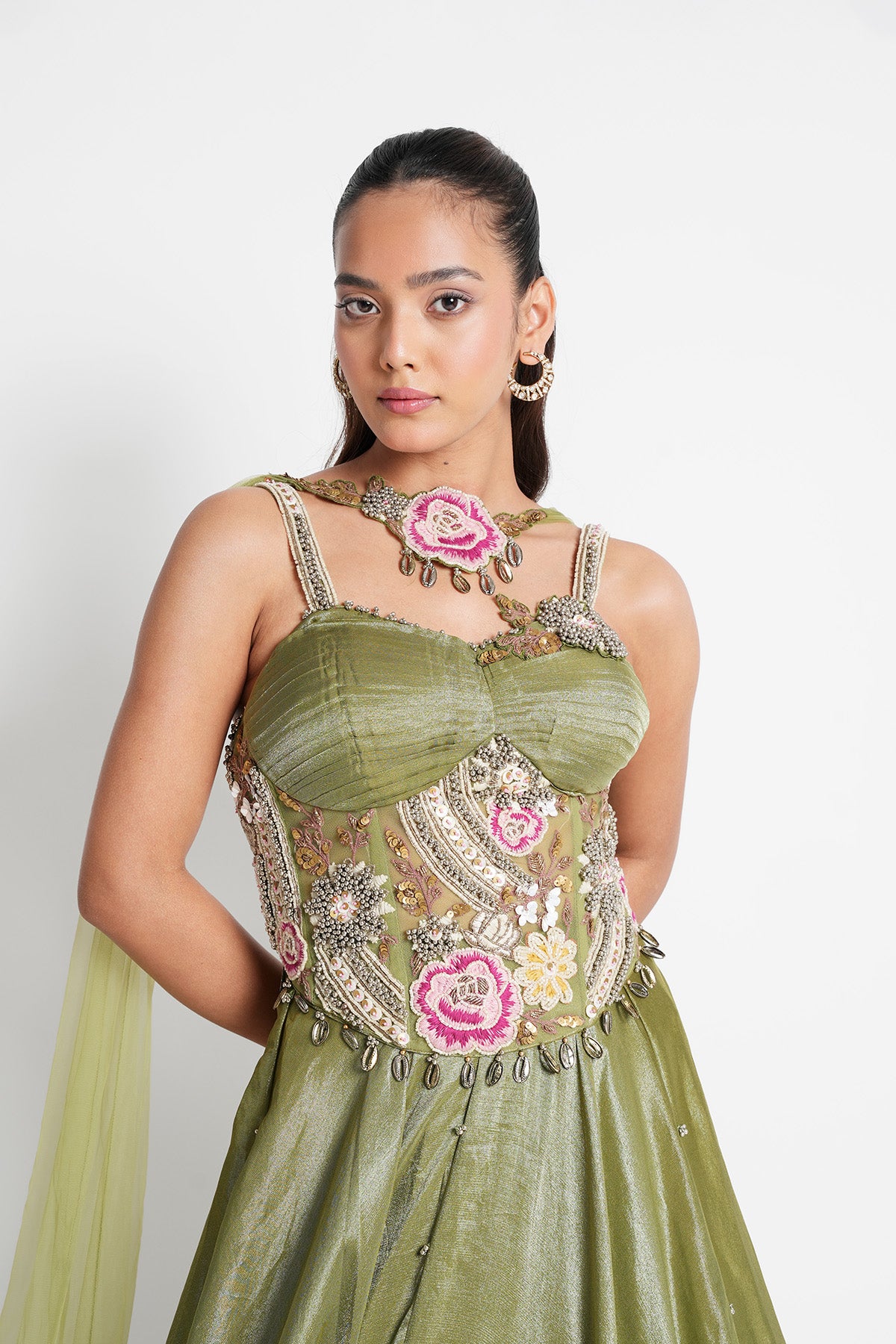 Olive Champagne Green Corset Lehenga set in Tissue