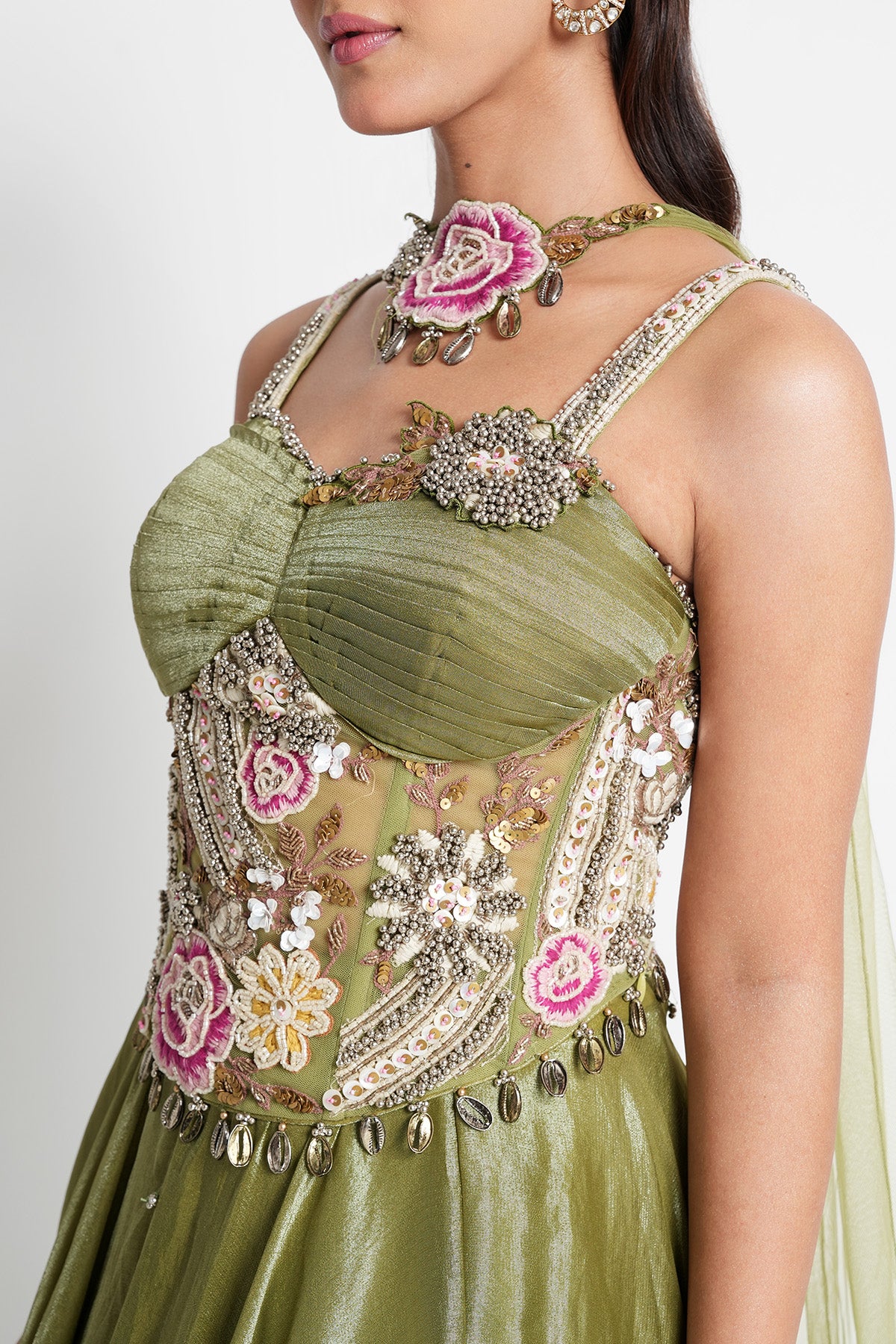 Olive Champagne Green Corset Lehenga set in Tissue
