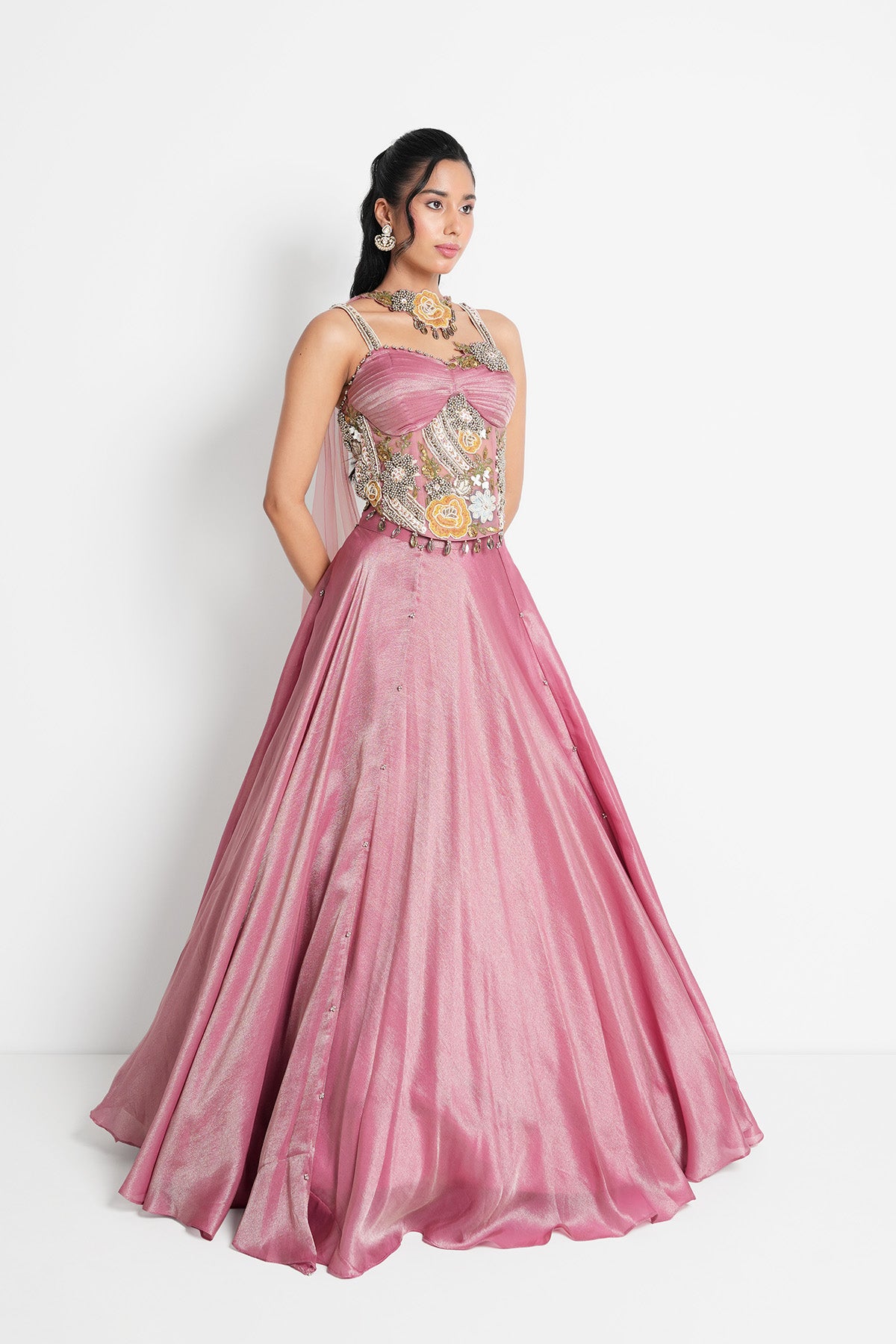 Dusty Rose Pink Corset Lehenga set in Tissue