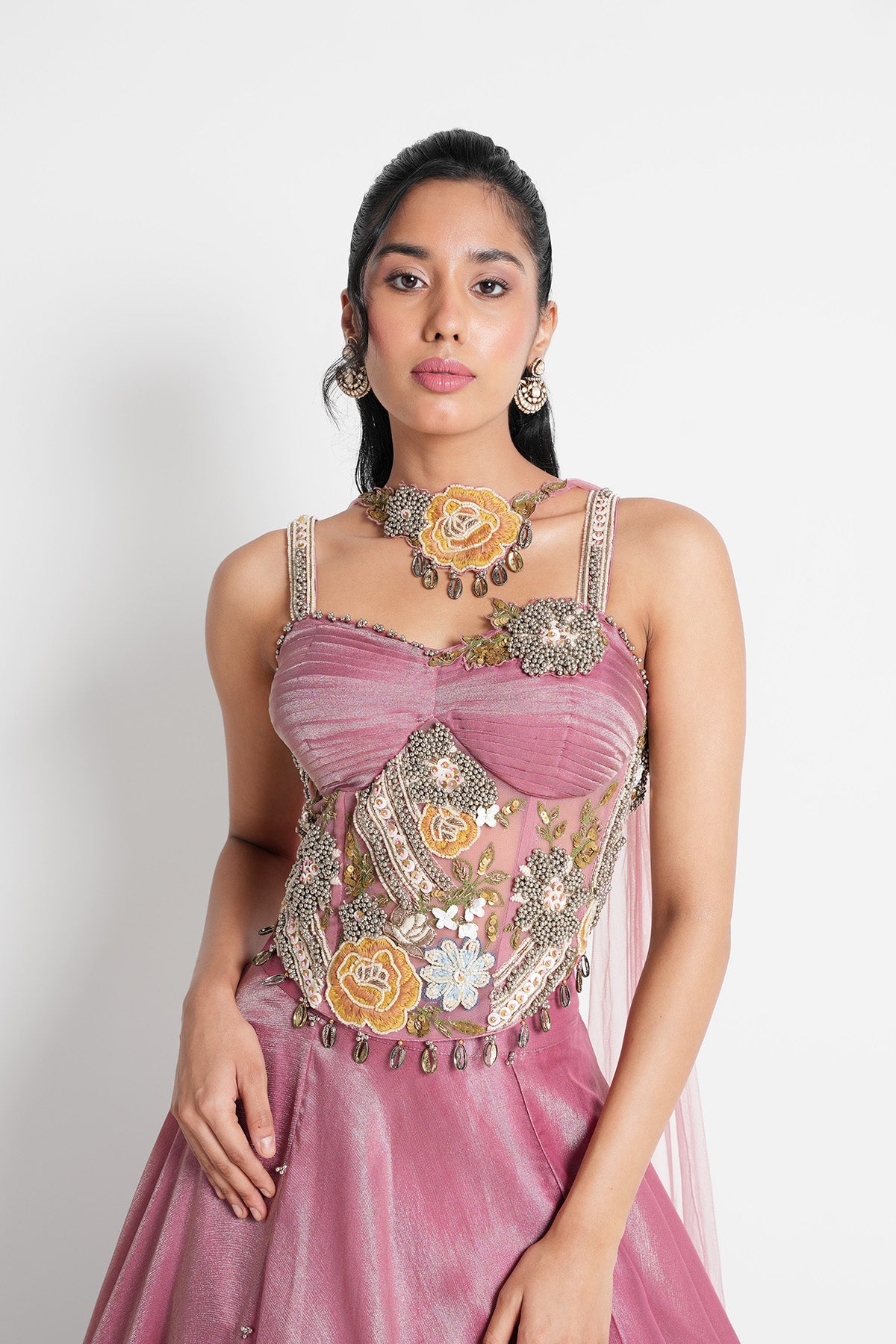 Dusty Rose Pink Corset Lehenga set in Tissue