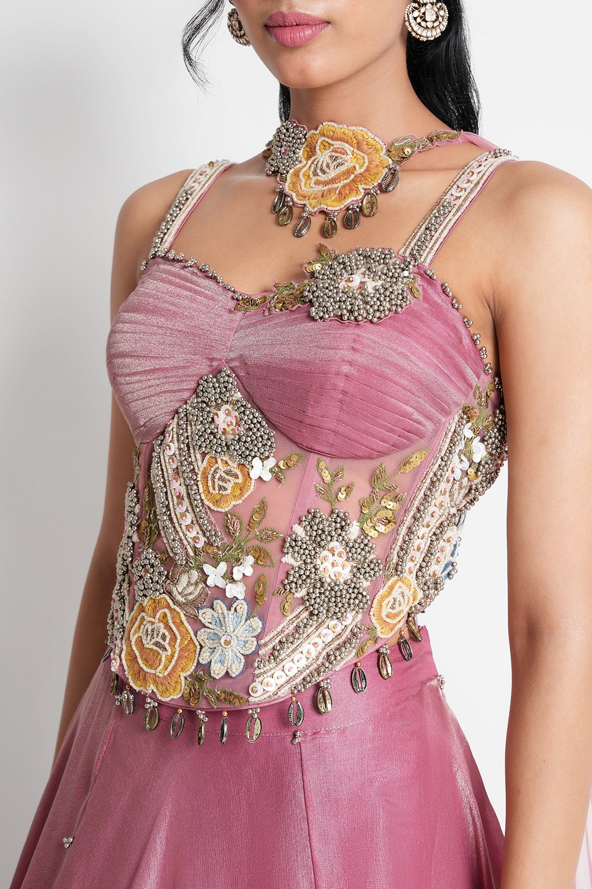Dusty Rose Pink Corset Lehenga set in Tissue