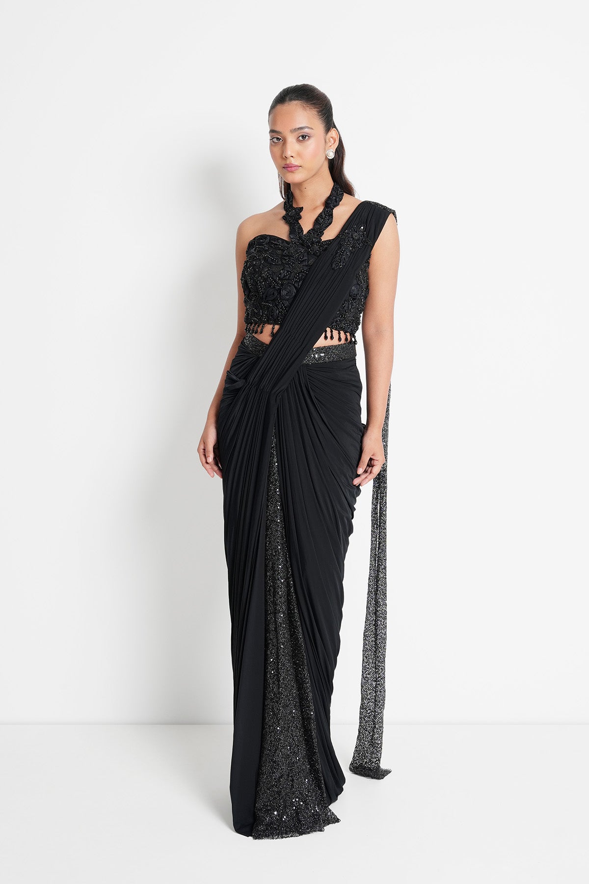 Jet Black Pre-Draped Saree Set with Fancy Sequins Net Drape