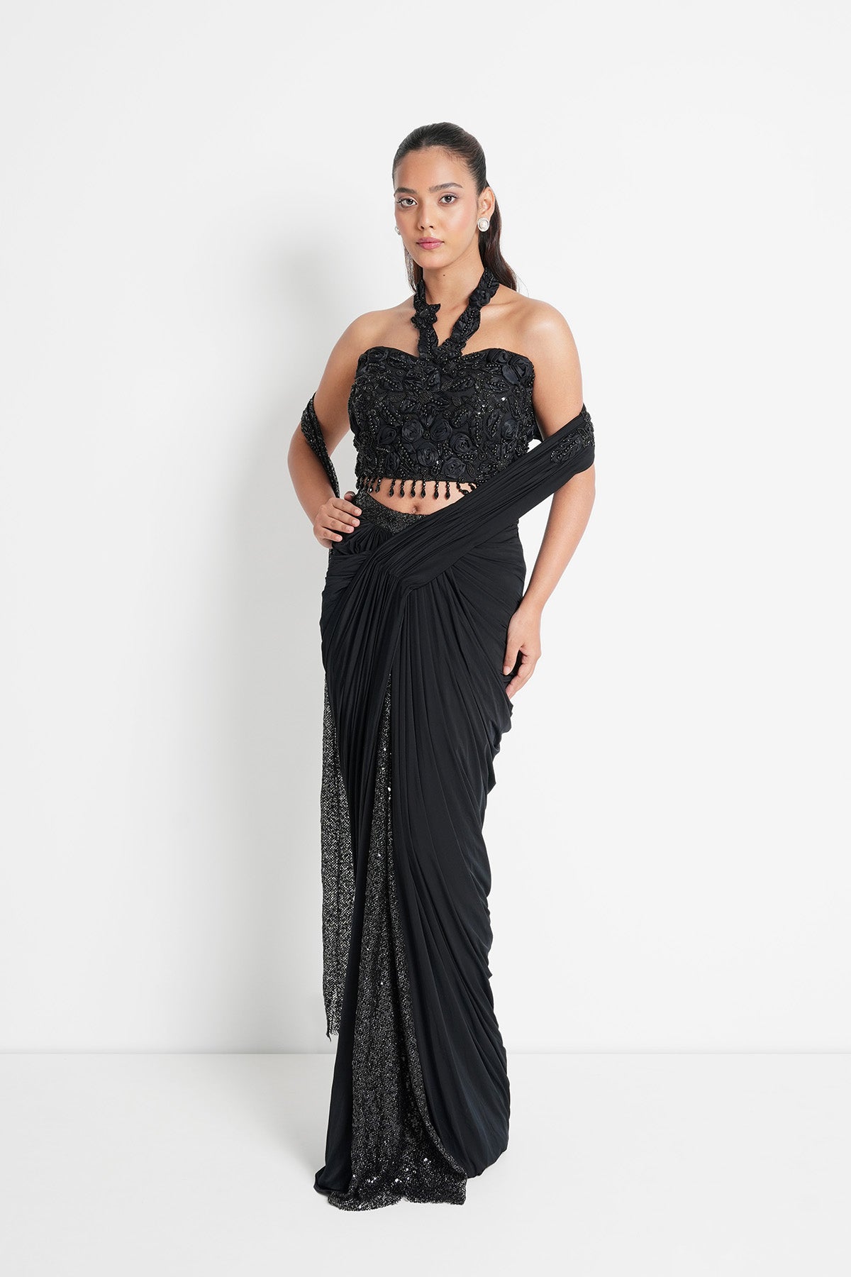 Jet Black Pre-Draped Saree Set with Fancy Sequins Net Drape