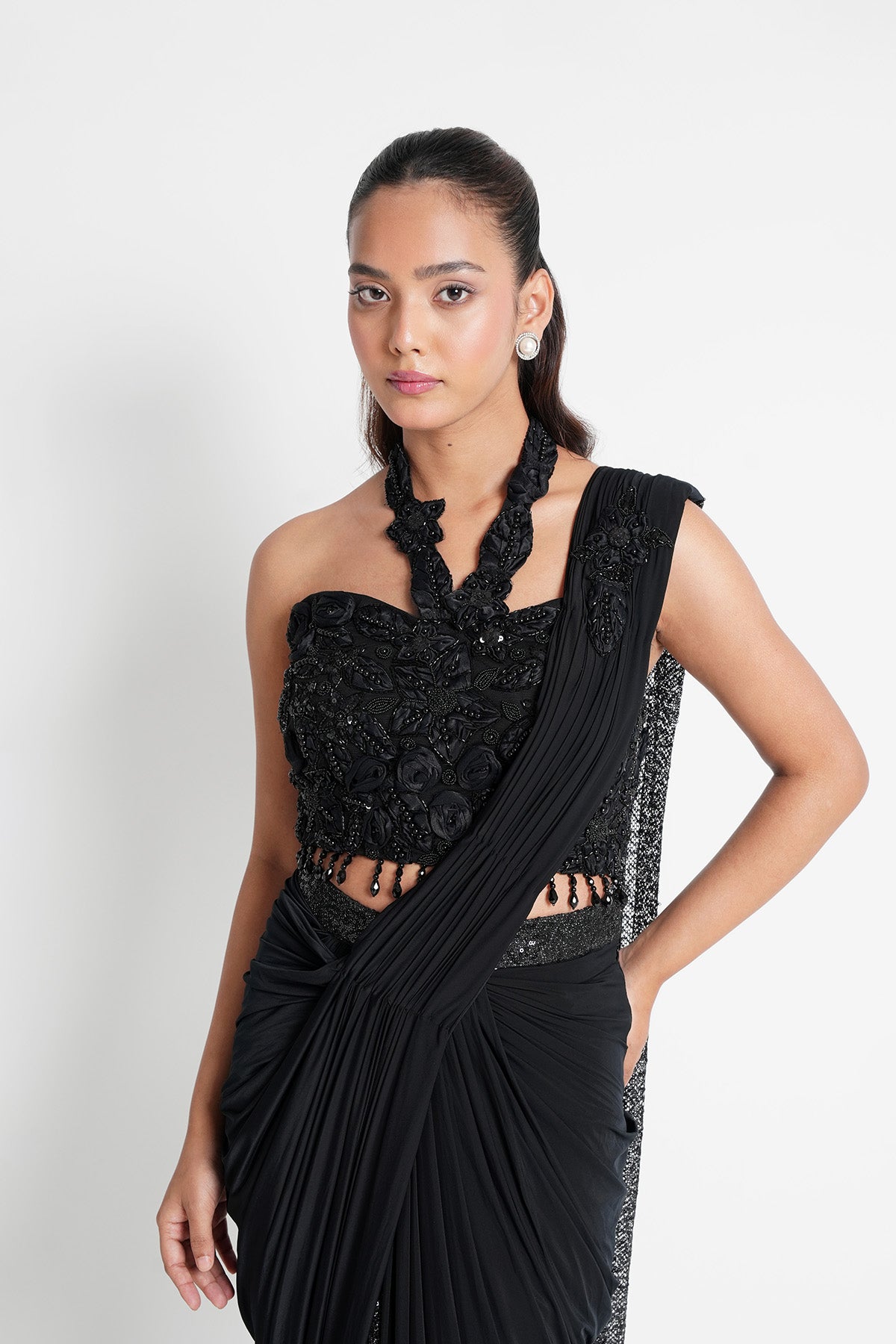 Jet Black Pre-Draped Saree Set with Fancy Sequins Net Drape