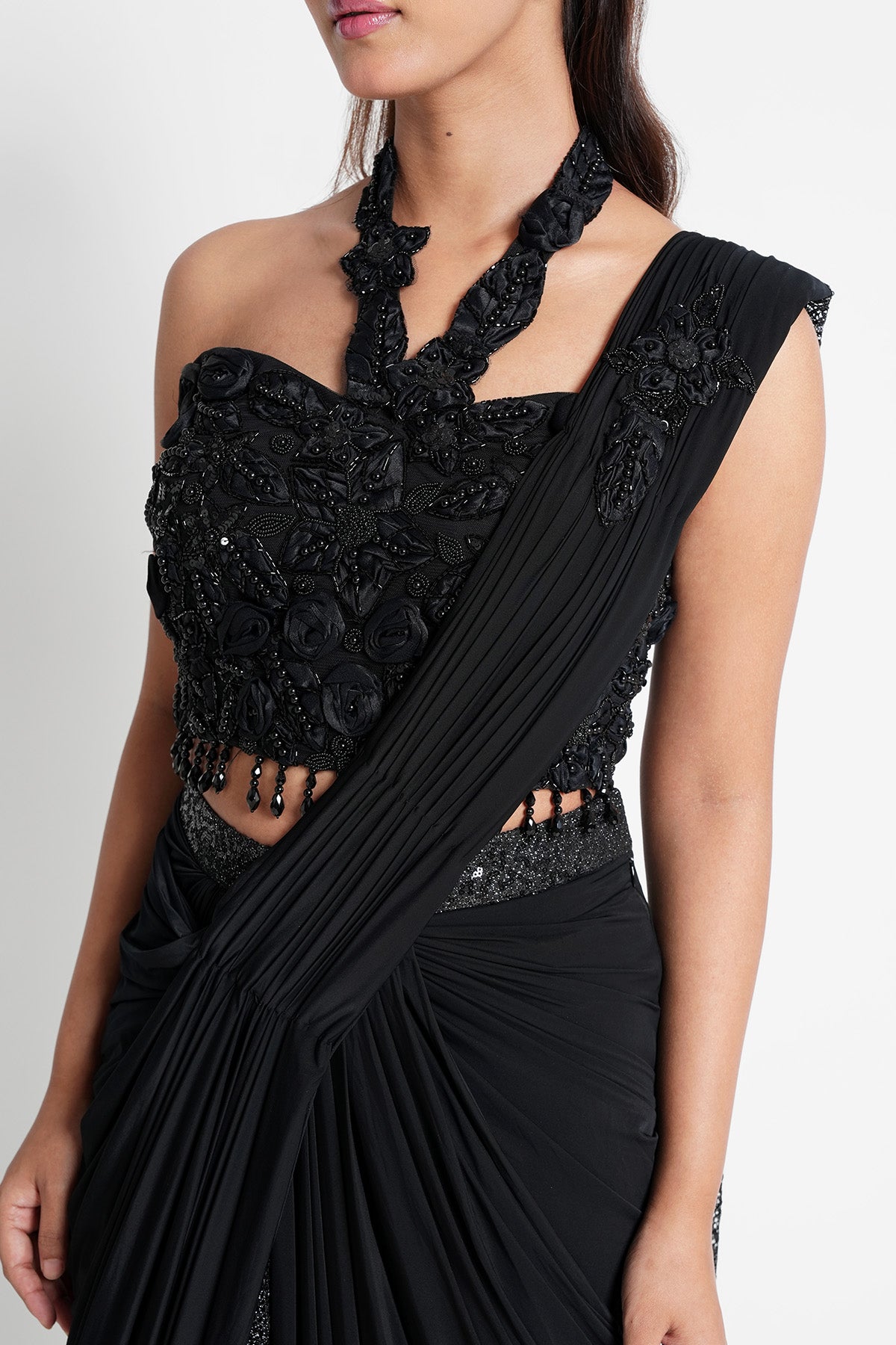 Jet Black Pre-Draped Saree Set with Fancy Sequins Net Drape